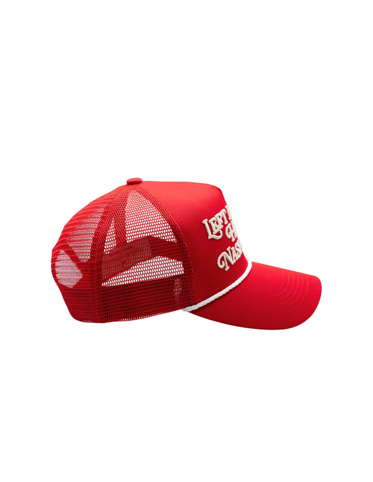 Side view of the red H Bar C x Rustler Left My Heart in Nashville trucker cap with mesh back.
