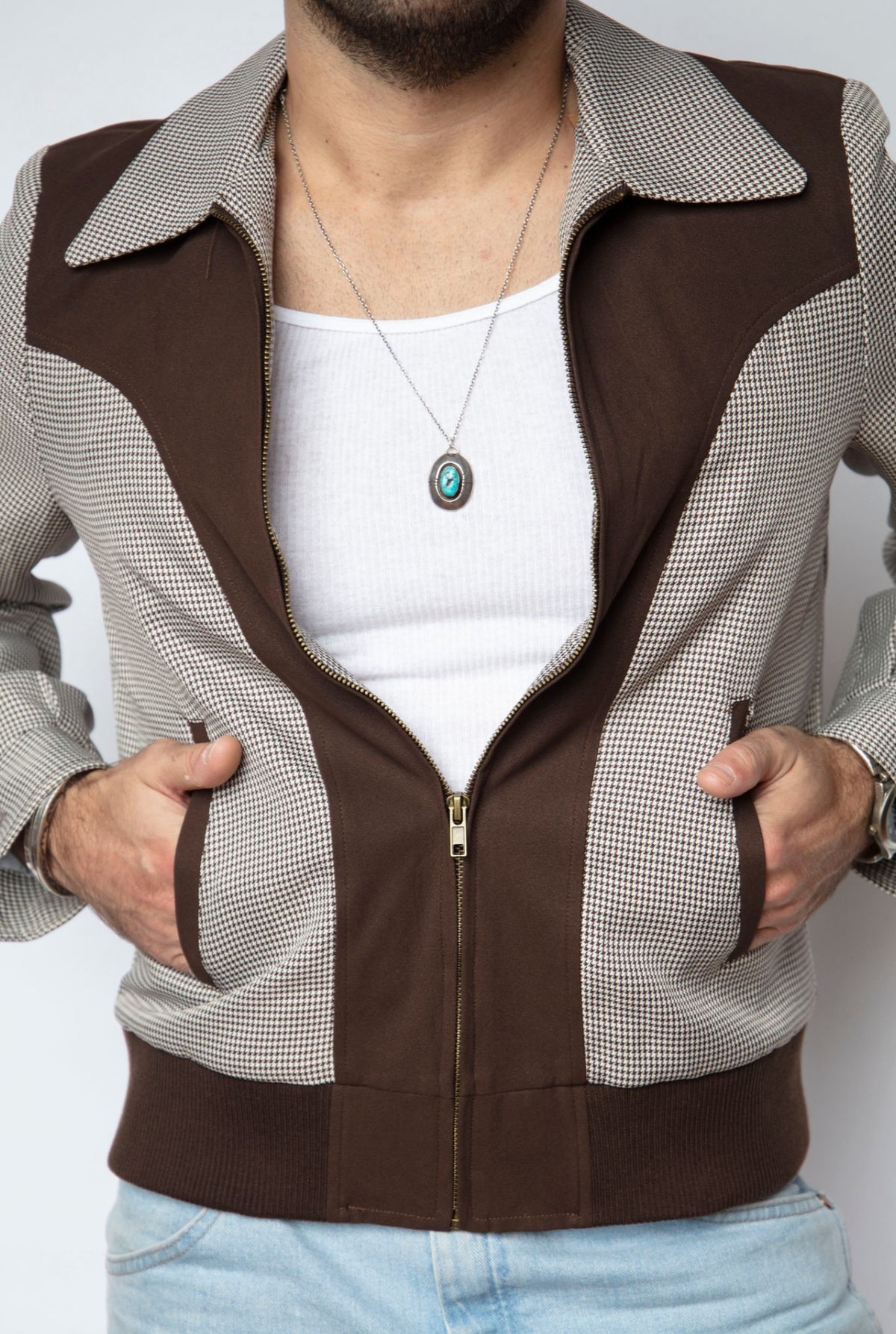 Front detail of the H Bar C Kentucky espresso houndstooth jacket with chocolate suede yoke and collar.