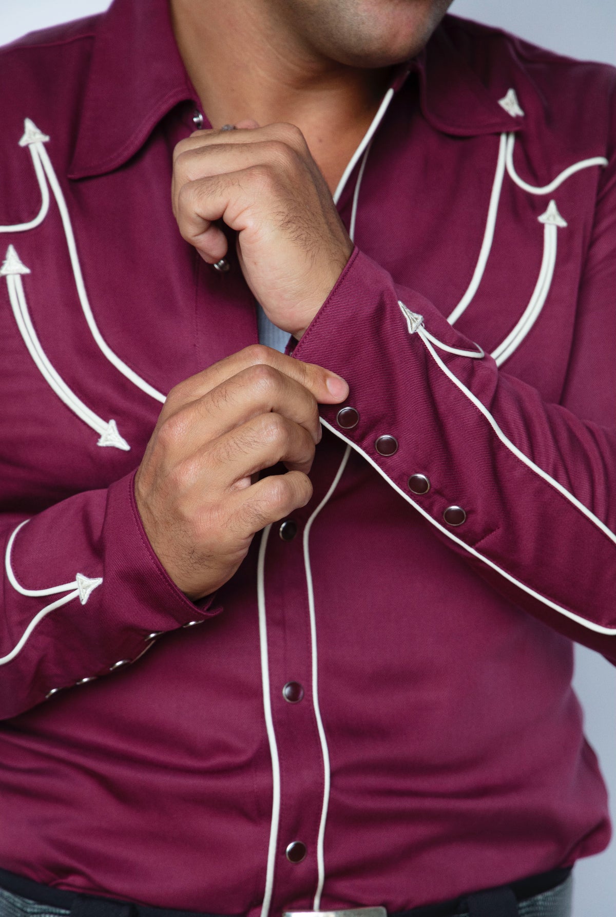 Placket and piping detail of the H Bar C Reno maroon Tencel western shirt.