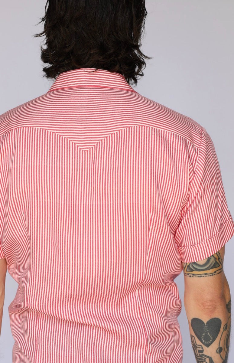 Back view of the H Bar C Newport red and white striped short sleeve shirt.
