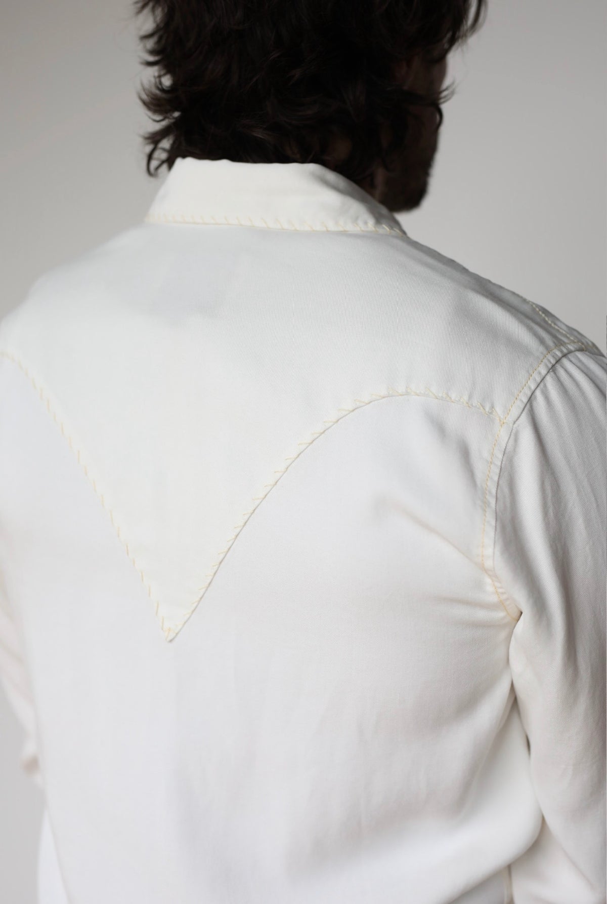 Back view of the H Bar C Brooklyn off-white shirt with stitched one point back yoke.