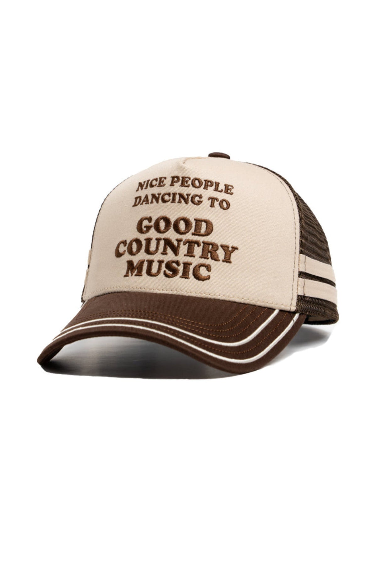 H Bar C x Rustler Nice People trucker hat in cream and brown reading Nice People Dancing to Good Country Music.