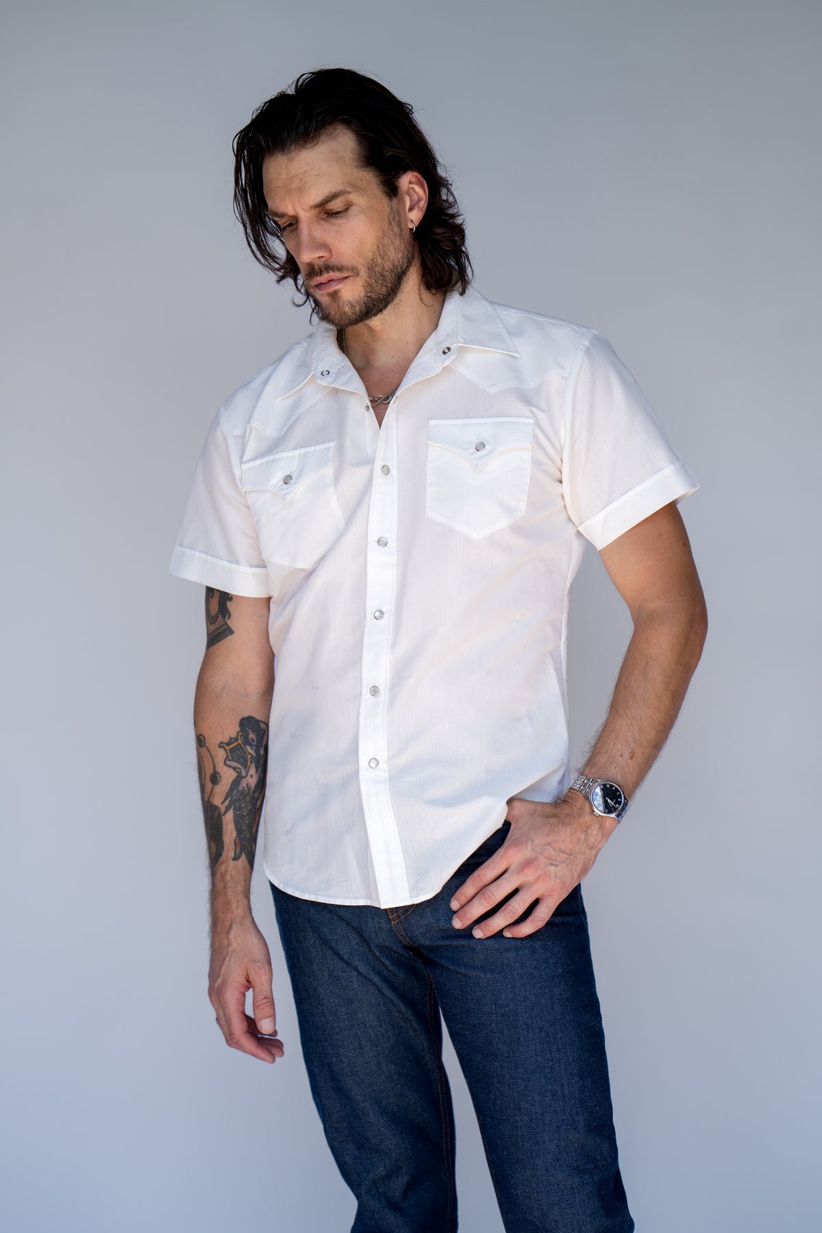 Three-quarter view of the H Bar C Newport Jacquard white western shirt with reverse-engineered vintage pattern.