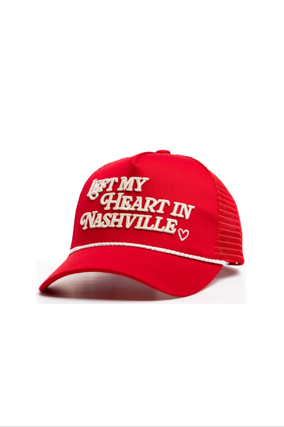 Red H Bar C x Rustler Left My Heart in Nashville trucker hat with white script and rope detail.