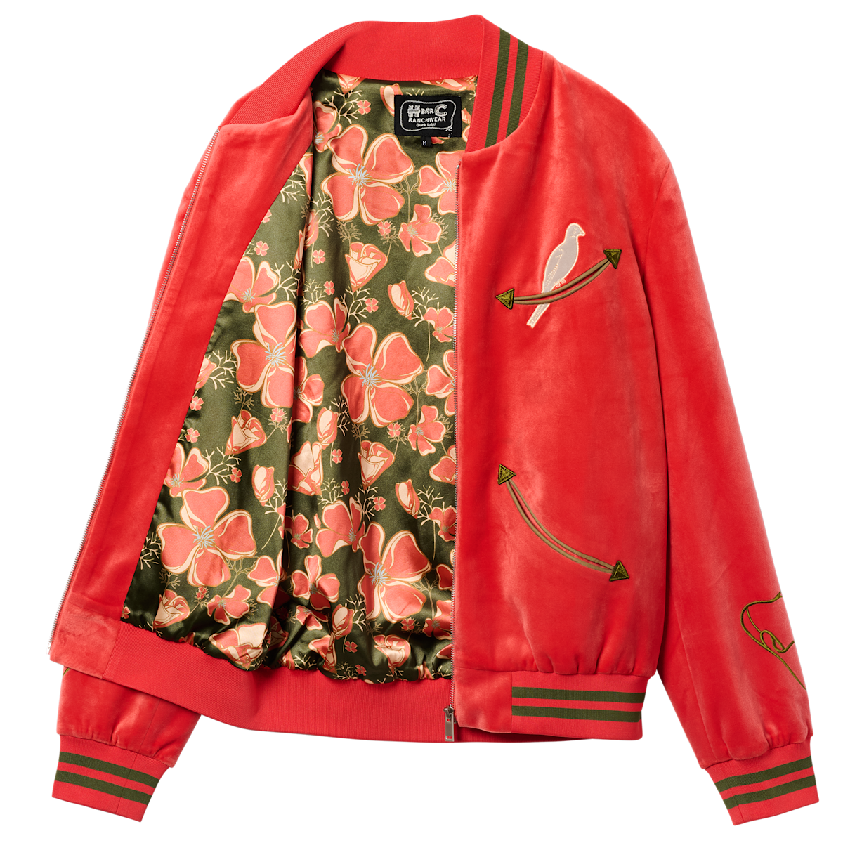 Flat lay of the HBarC x Gibson Dove red velour tour jacket open to show the green and pink floral lining.