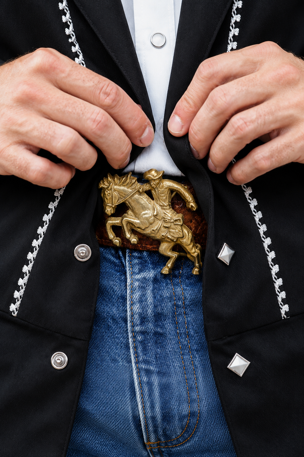 Gold bucking bronco H Bar C belt buckle worn with jeans and a black embroidered western jacket.