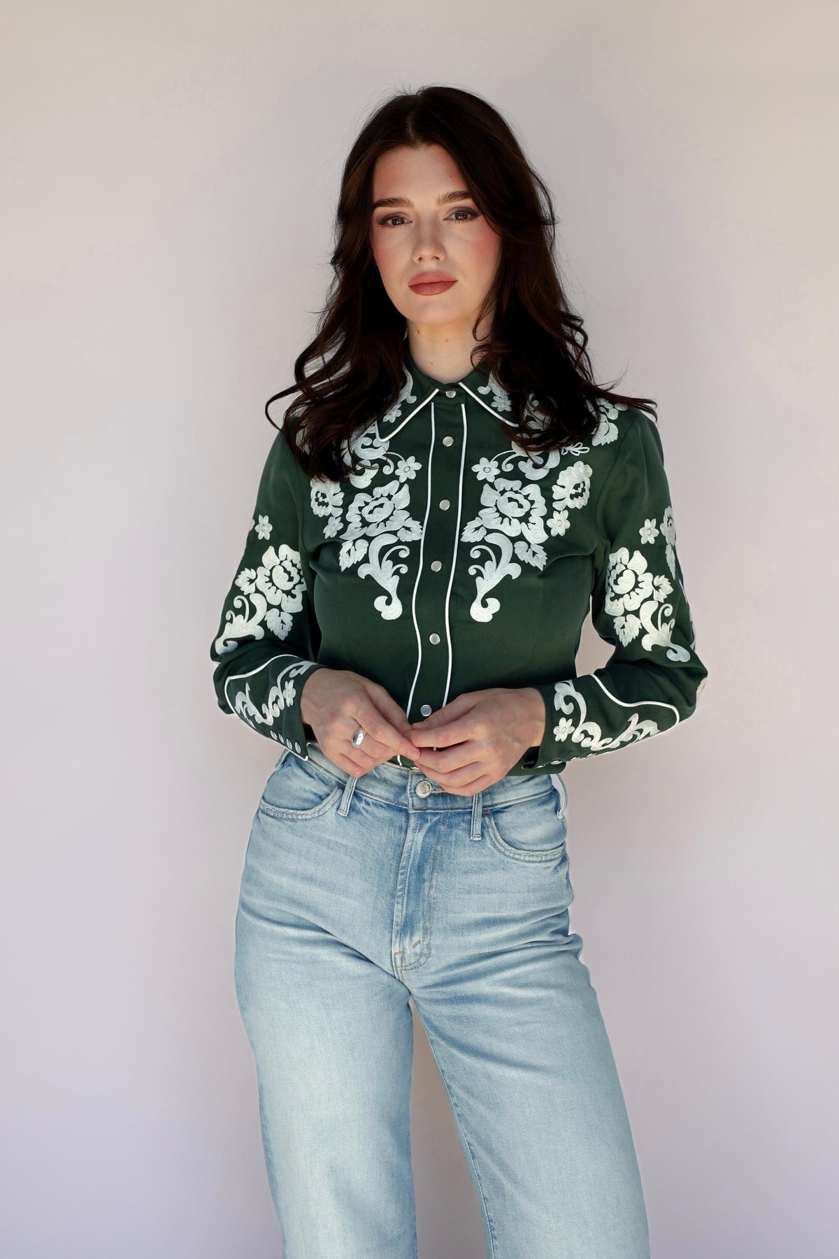 Front view of the H Bar C Fort Worth green embroidered western shirt for women.