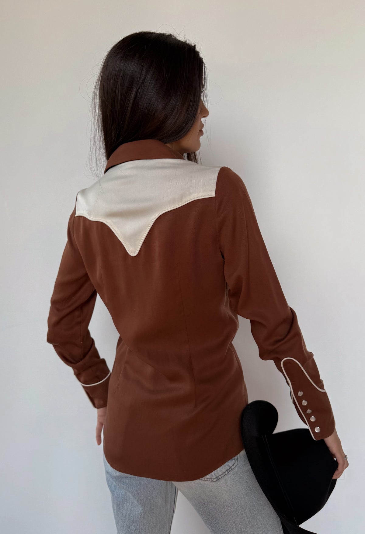 Back view of the H Bar C San Juan women's brown western shirt with cream back yoke.