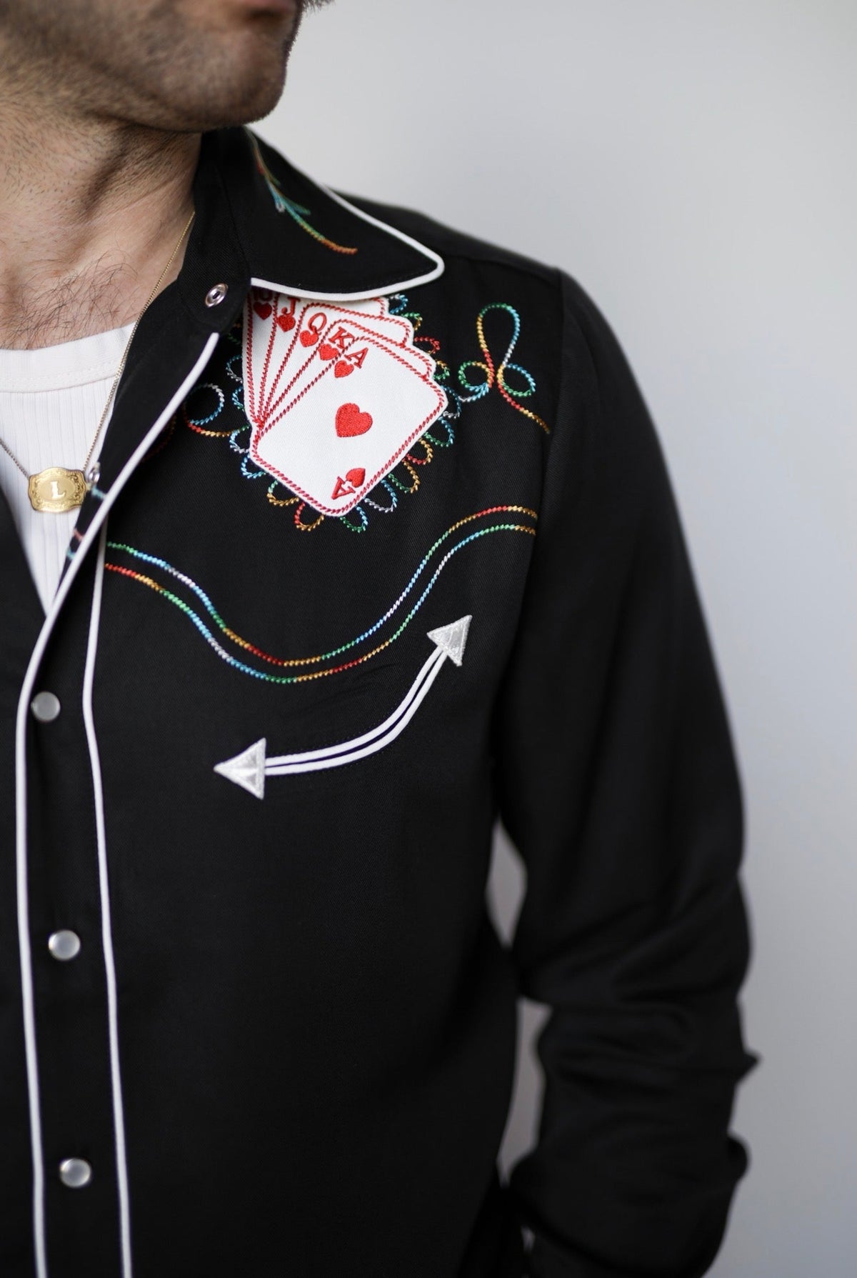 Close-up of the embroidered aces and arrow piping on the H Bar C Royal Flush black western shirt.