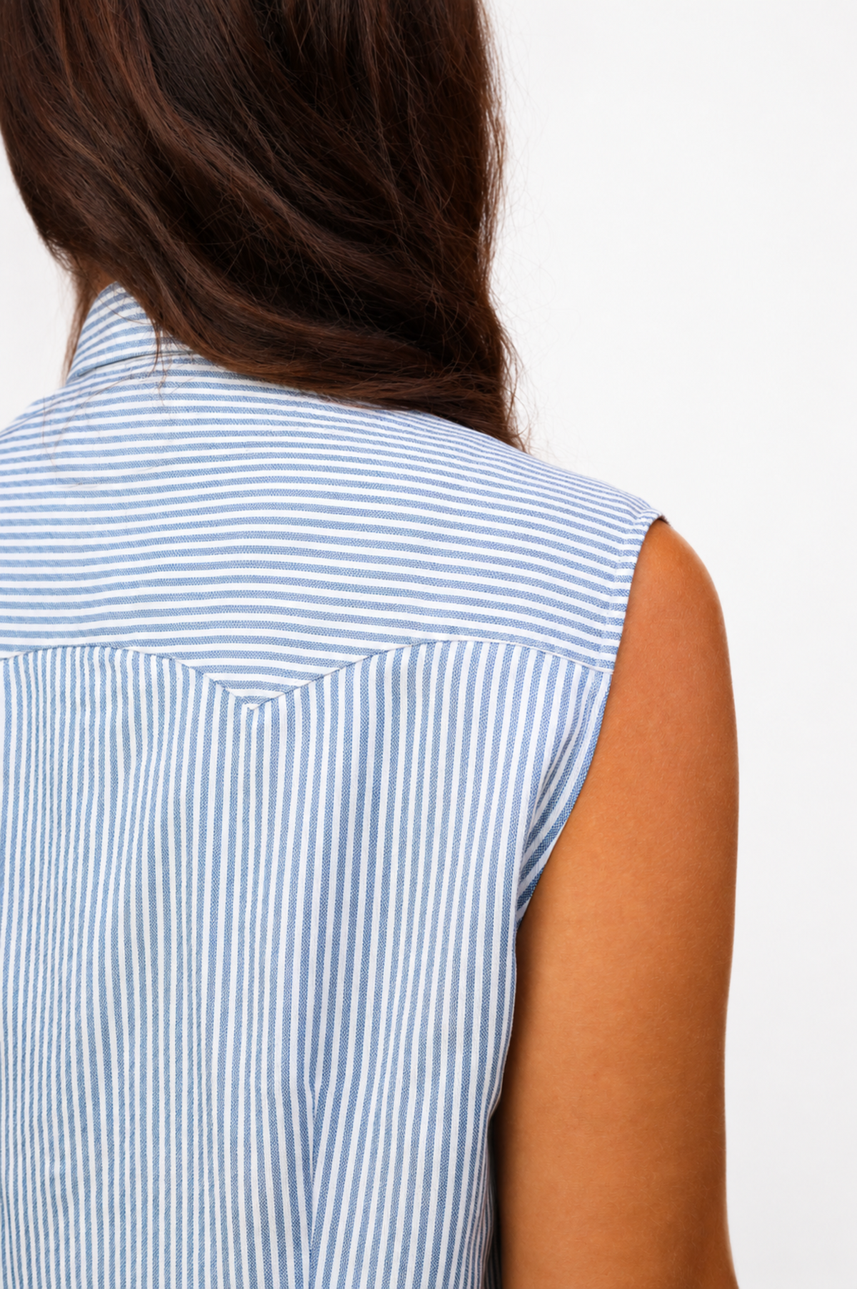 Close-up of the striped back yoke on the H Bar C Palm Beach sleeveless shirt dress.