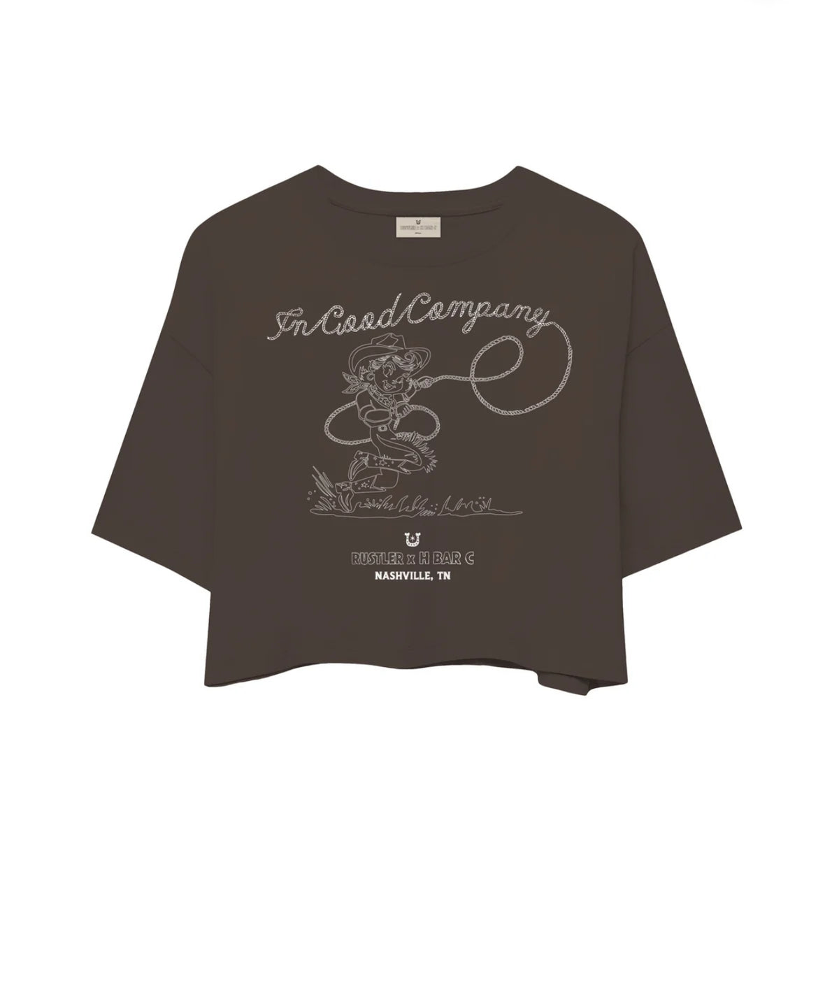 Flat product view of the brown H Bar C x Rustler In Good Company women's crop tee.