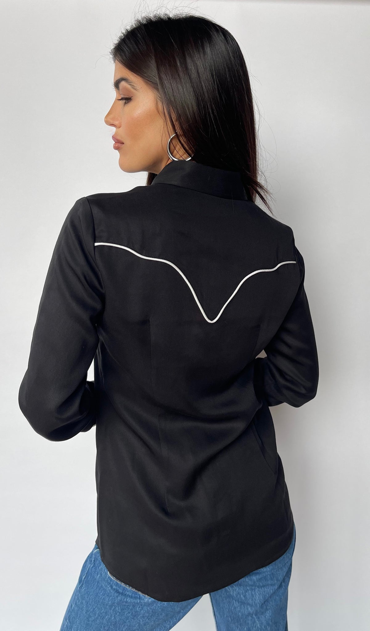 Back view of the H Bar C San Fernando women's black western shirt with white piped back yoke.
