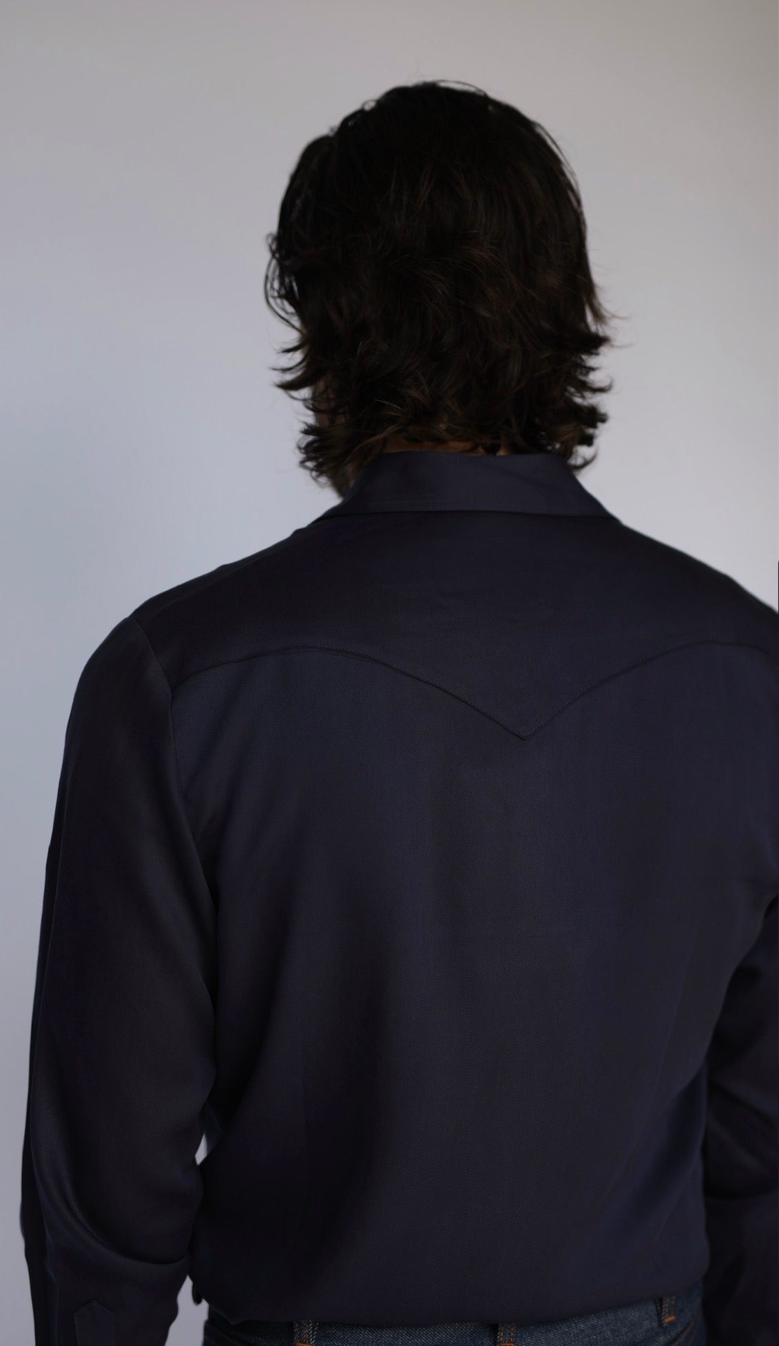 Back yoke close-up of the H Bar C Denver navy Tencel western shirt.
