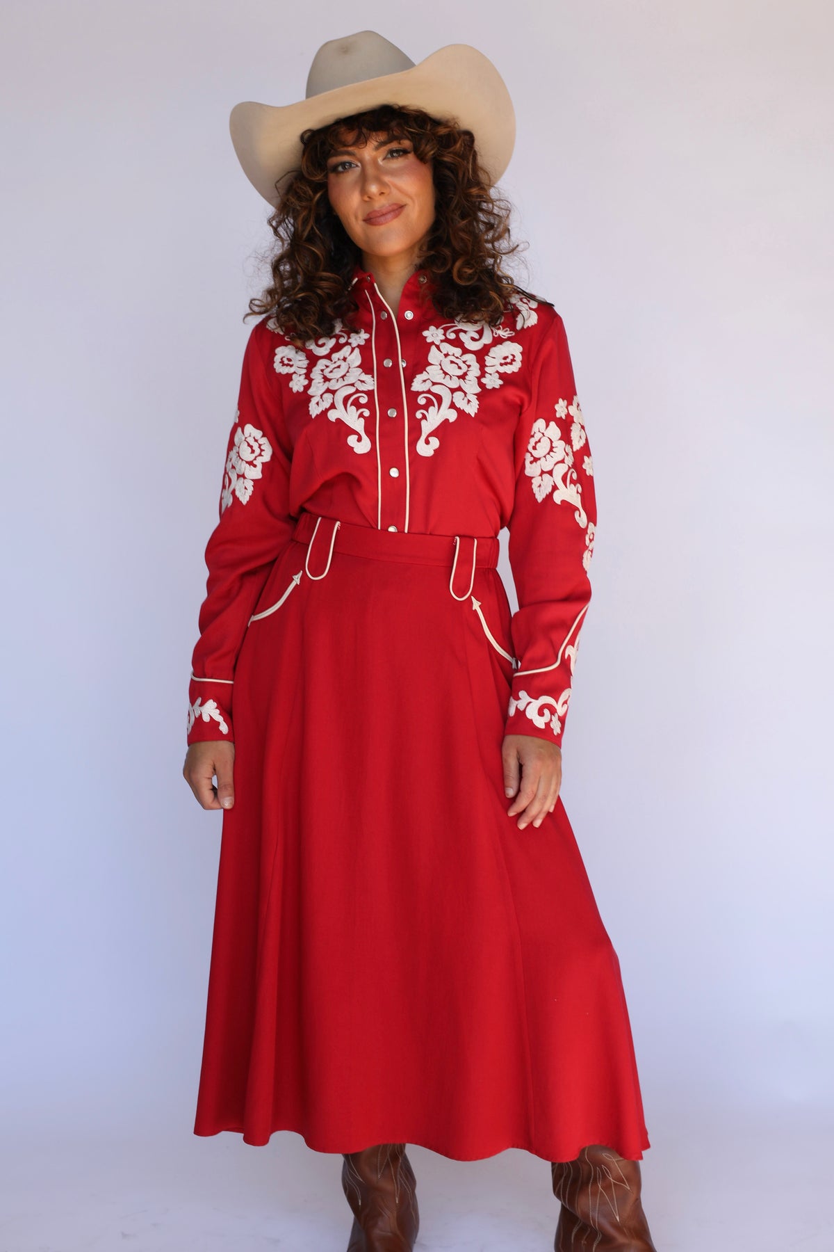 Full length view of the H Bar C Fort Worth women's red embroidered western shirt, vintage inspired western wear.