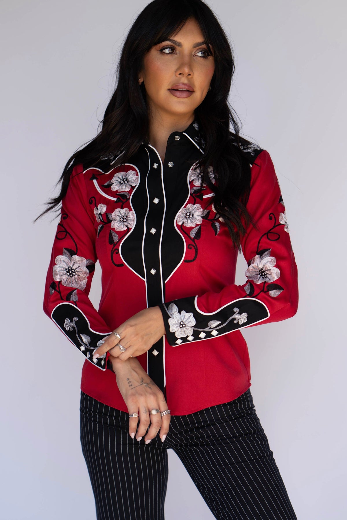 Front view of the H Bar C Santa Ana red and black embroidered western shirt for women.