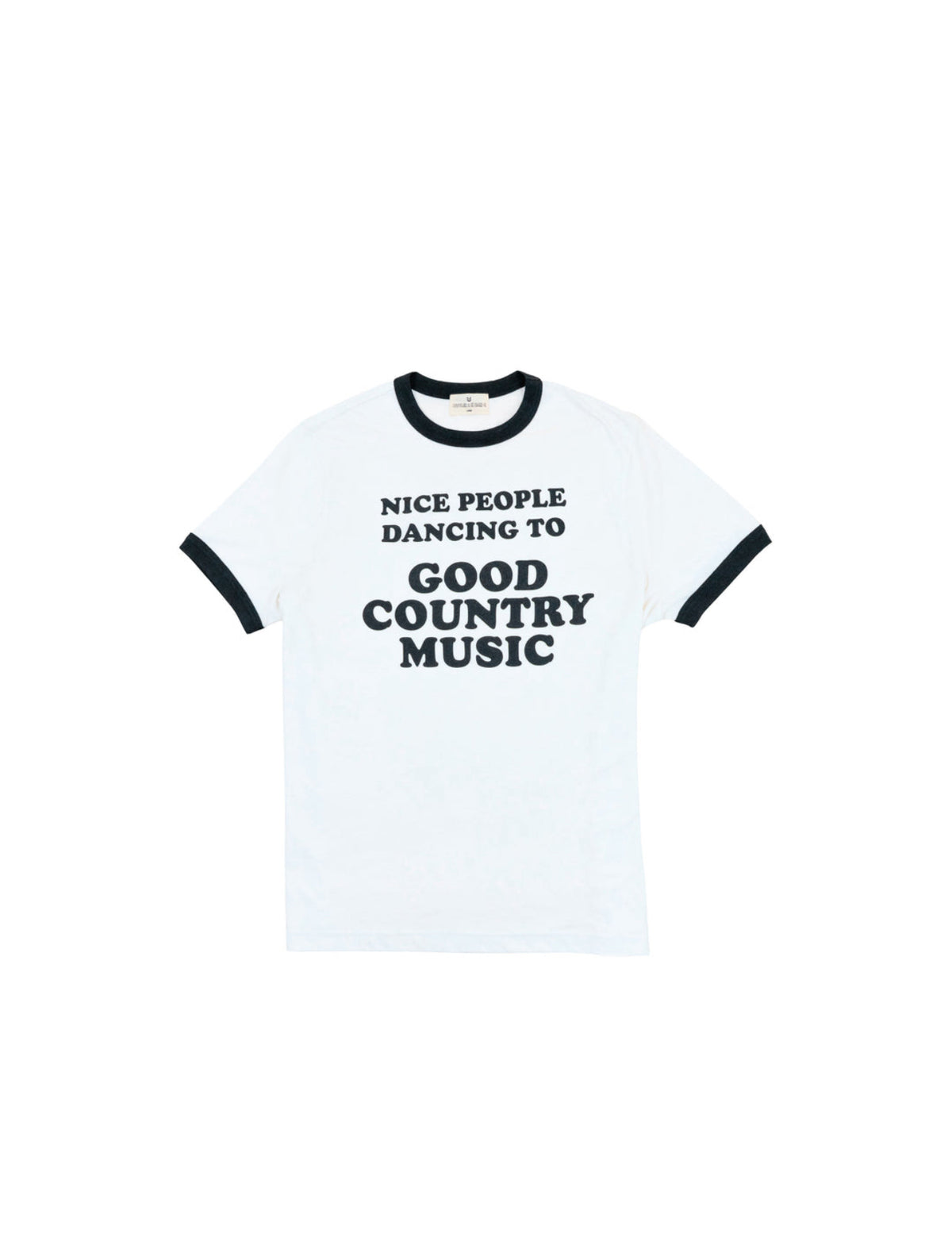 Flat view of the cream H Bar C x Rustler Nice People men's ringer tee with black trim.