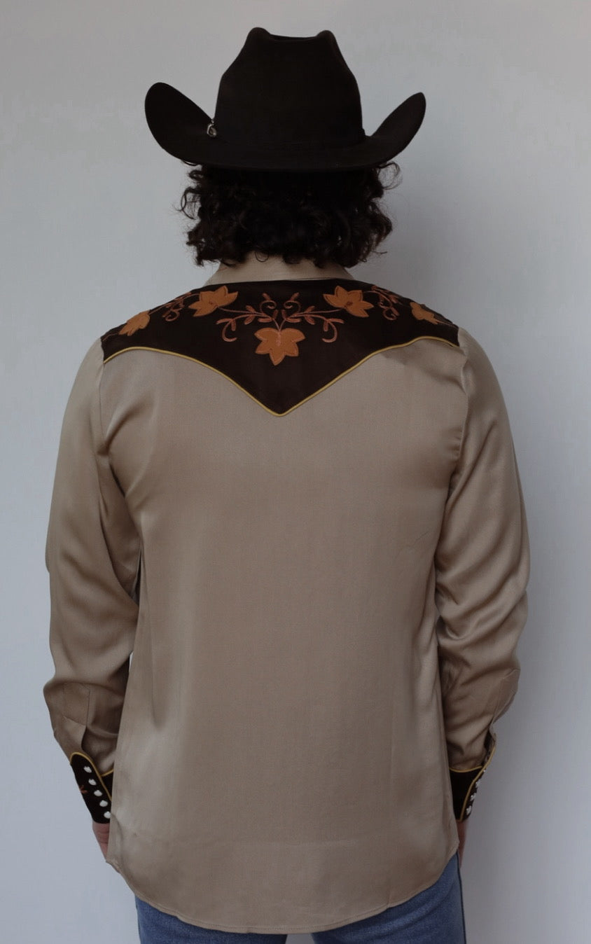 Back view of the H Bar C Stowe sandstone shirt with embroidered brown back yoke.