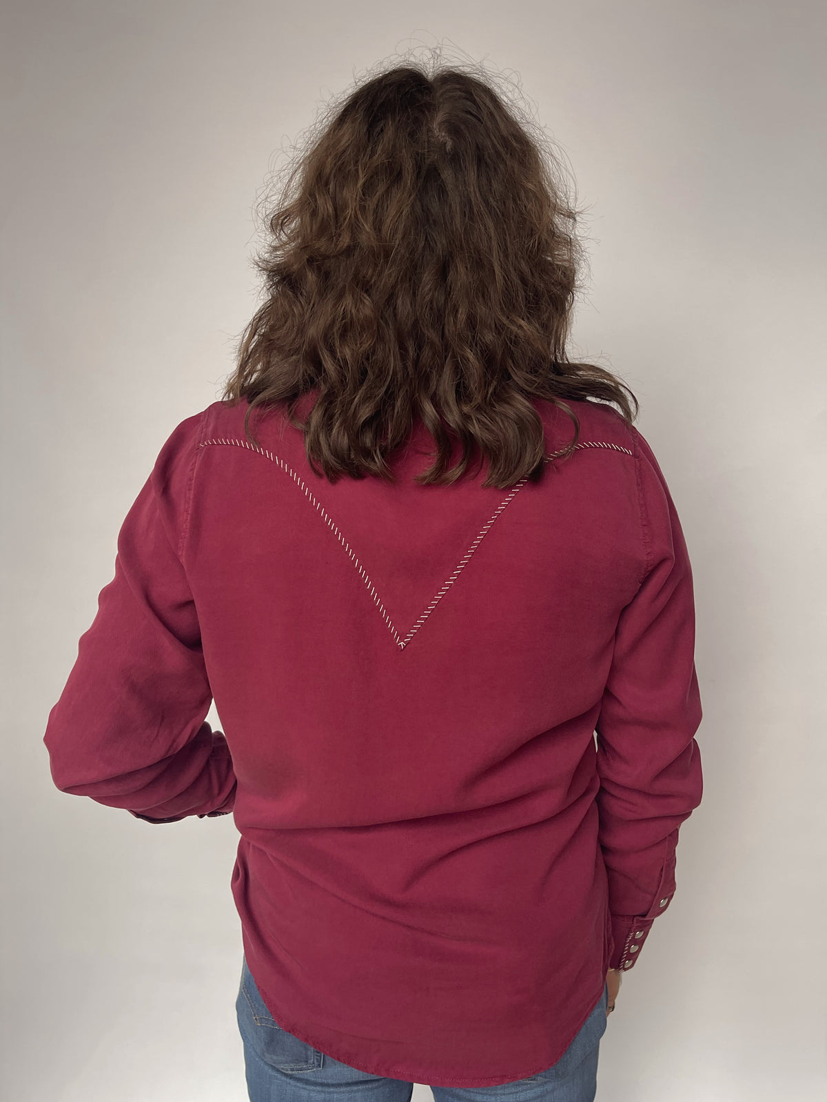 Back view of the H Bar C Brooklyn wine shirt with stitched one point back yoke.