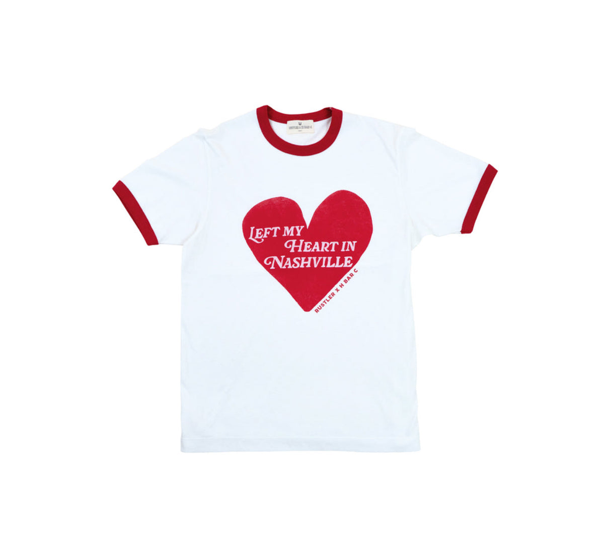 Flat view of the white H Bar C x Rustler Left My Heart in Nashville ringer T-shirt with red trim.
