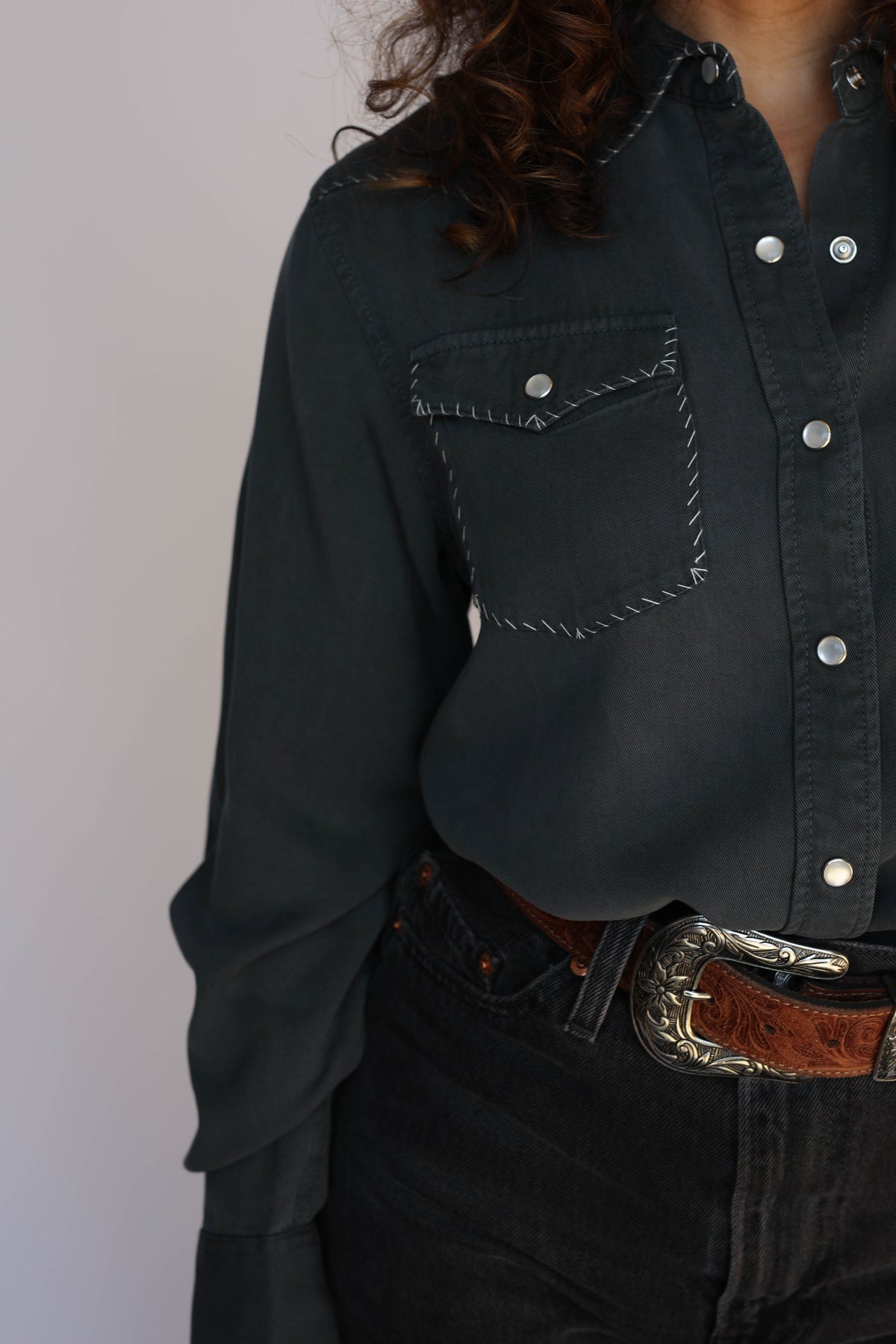 Pocket detail of the H Bar C Brooklyn women's charcoal shirt with white accent stitching.