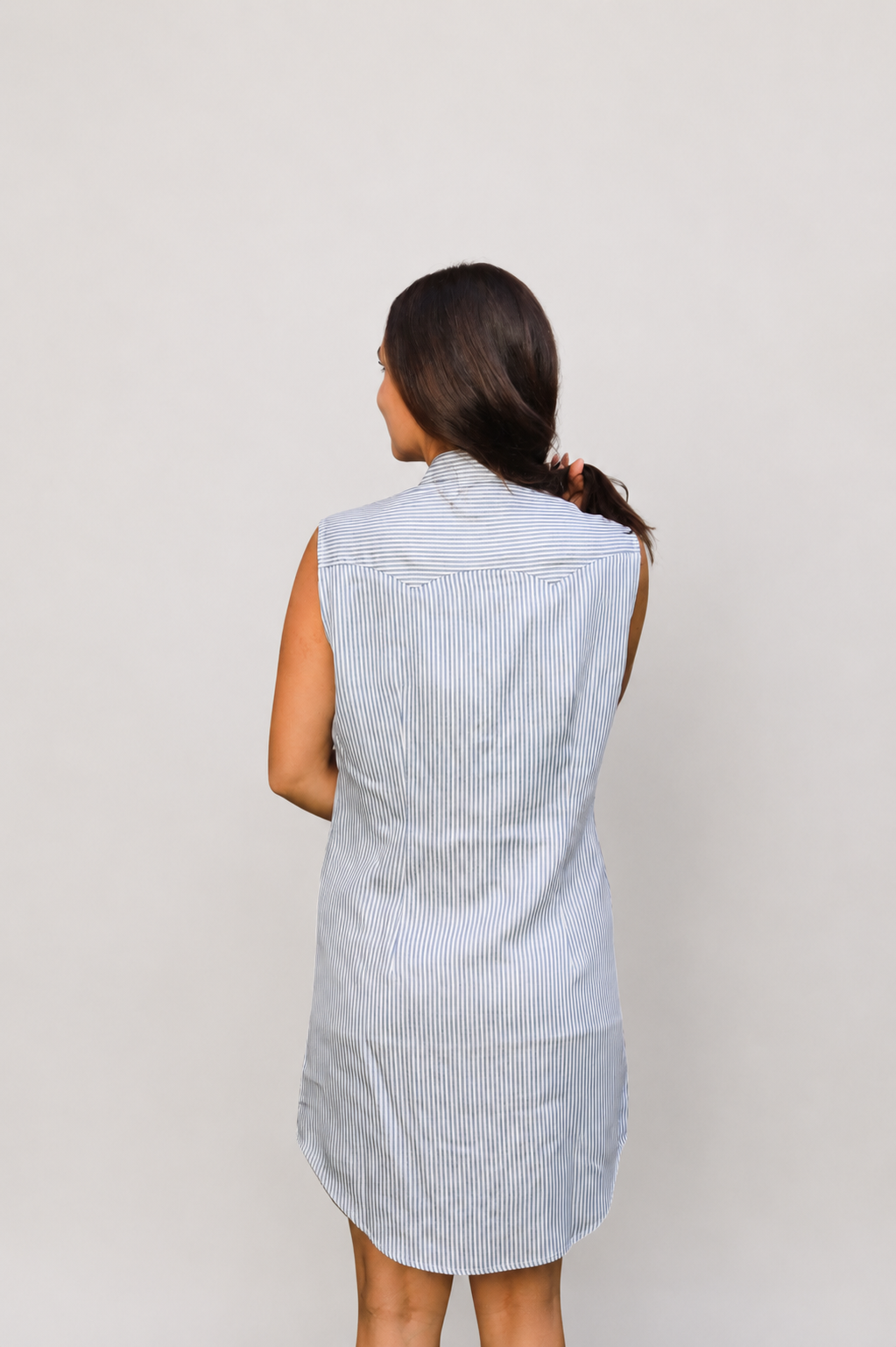 Back view of the H Bar C Palm Beach striped sleeveless shirt dress.