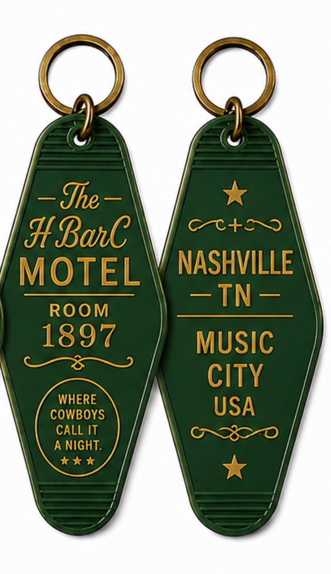 Green H Bar C Motel Room 1897 keychain and its back reading Nashville TN Music City USA, a vintage motel key fob souvenir.