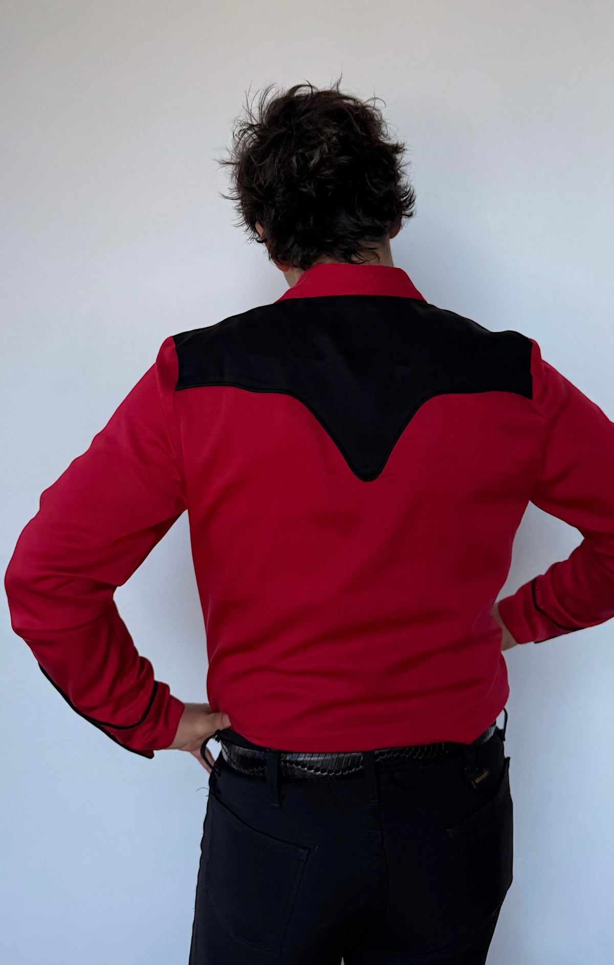 Back view of the H Bar C San Juan red western shirt with contrasting black back yoke.