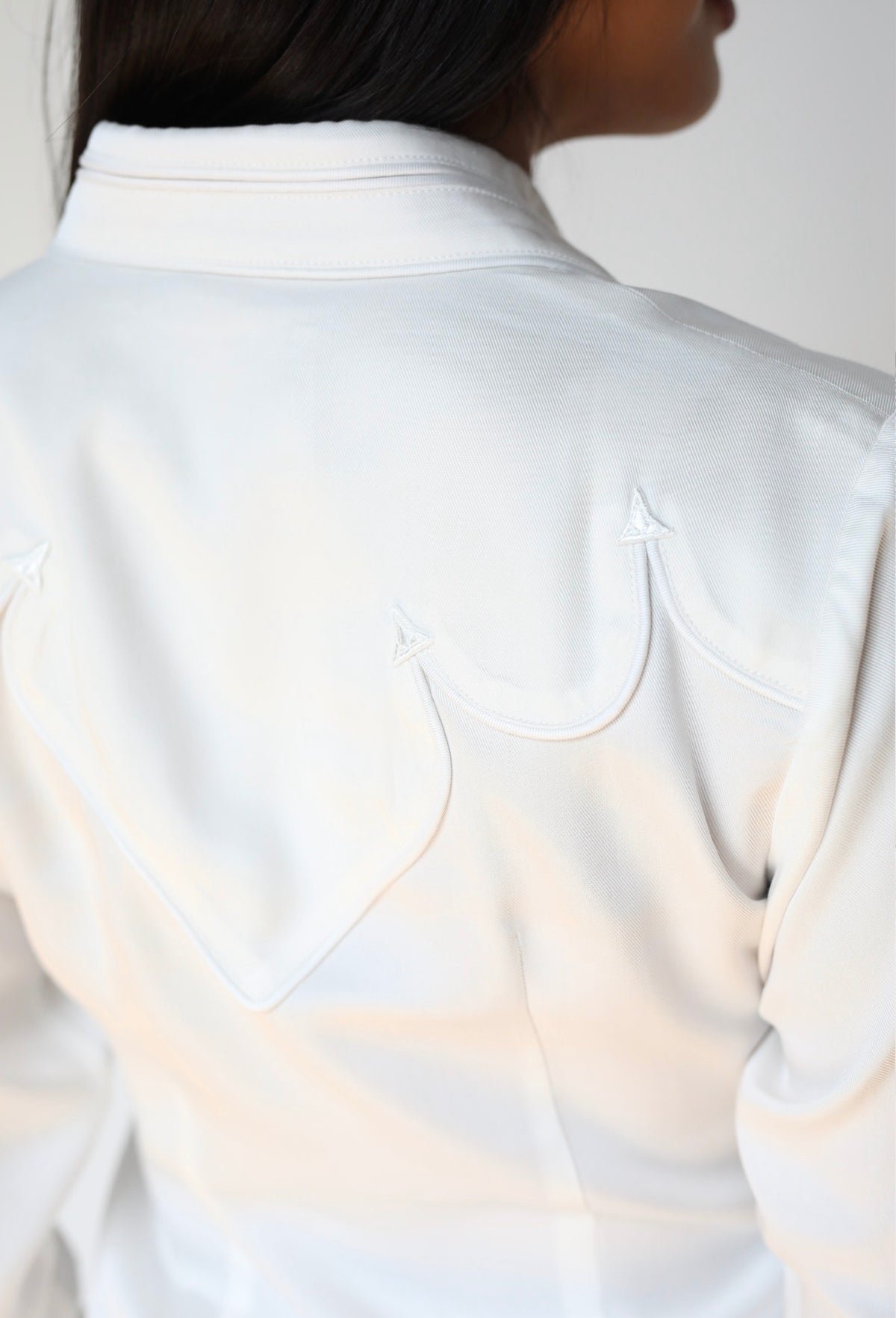Back yoke detail of the H Bar C Lake Tahoe white western shirt with tonal white piping.