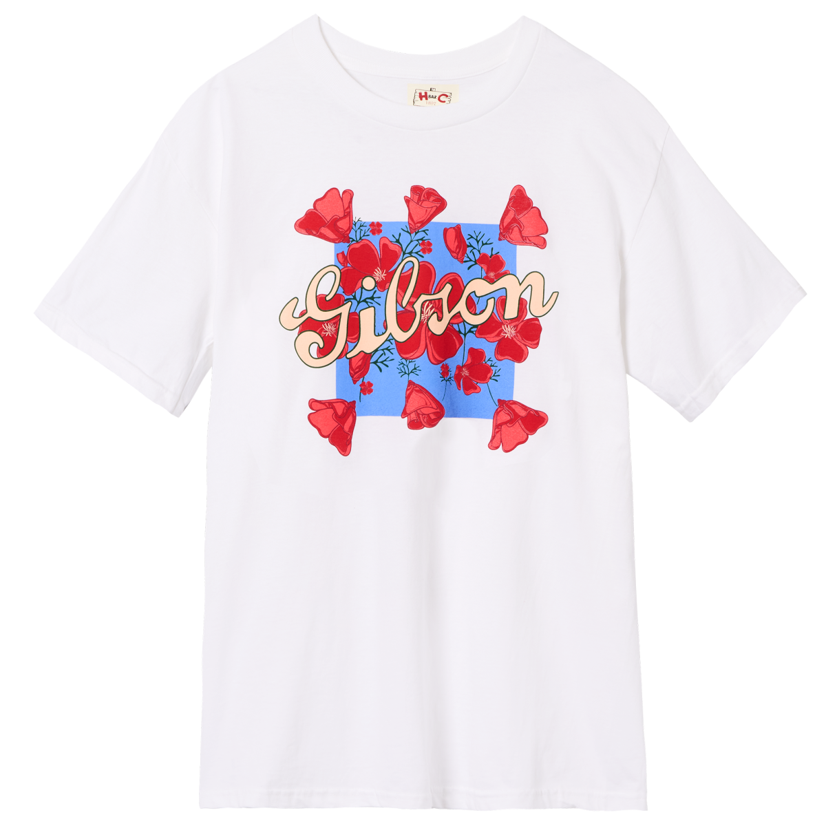 Flat view of the HBarC x Gibson Dove unisex tee with red and blue dove and floral graphic.