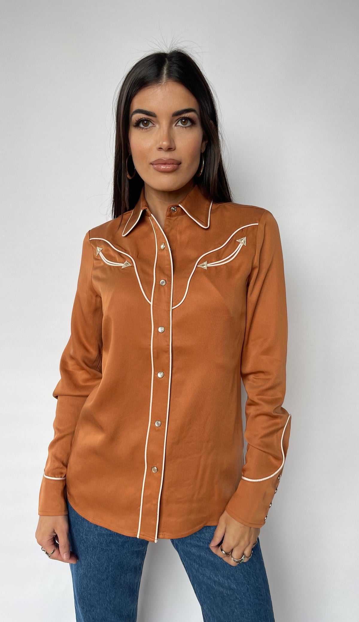 Front view of the H Bar C San Fernando burnt orange women's western shirt with piped yokes and pearl snaps.
