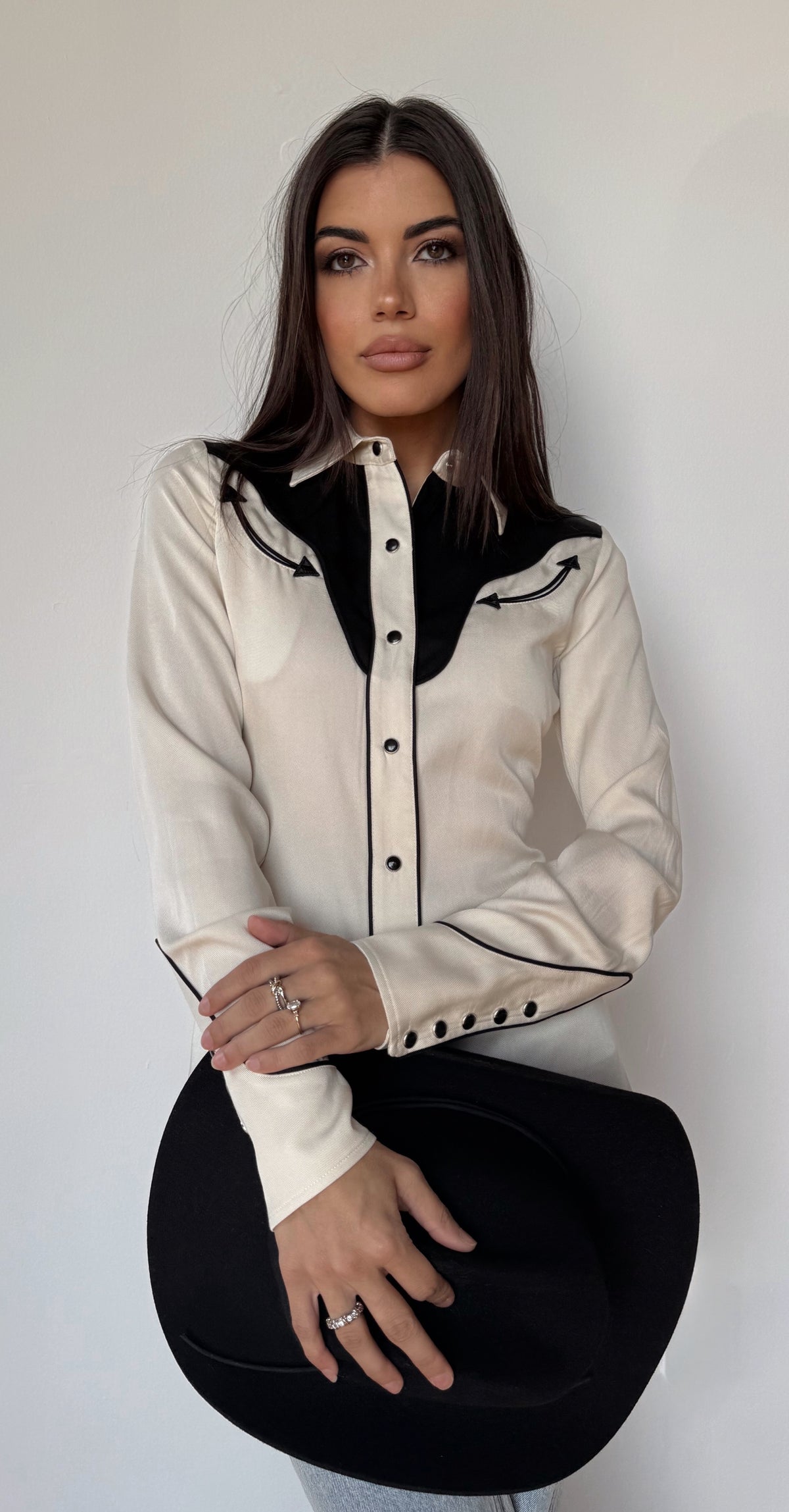 Front view of the H Bar C San Juan women's off white and black two-tone western shirt, a 100 year H Bar C classic.