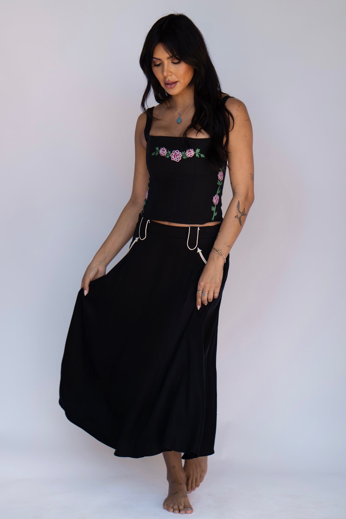 Full length view of the H Bar C Santa Fe women's black swing skirt made for square and circle dancing.