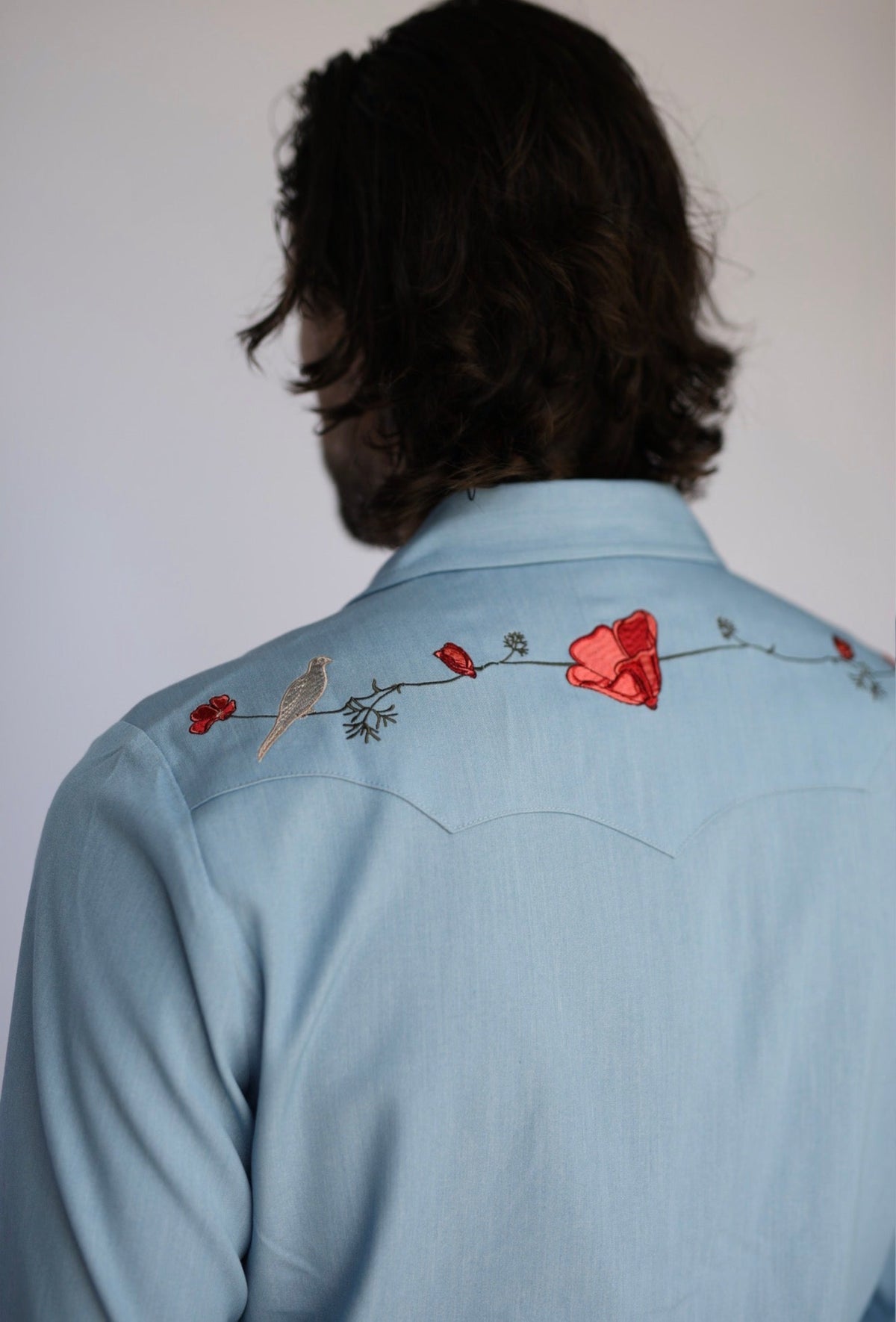 Back view of the HBarC x Gibson Dove chambray western shirt showing red poppy embroidery across the back yoke.