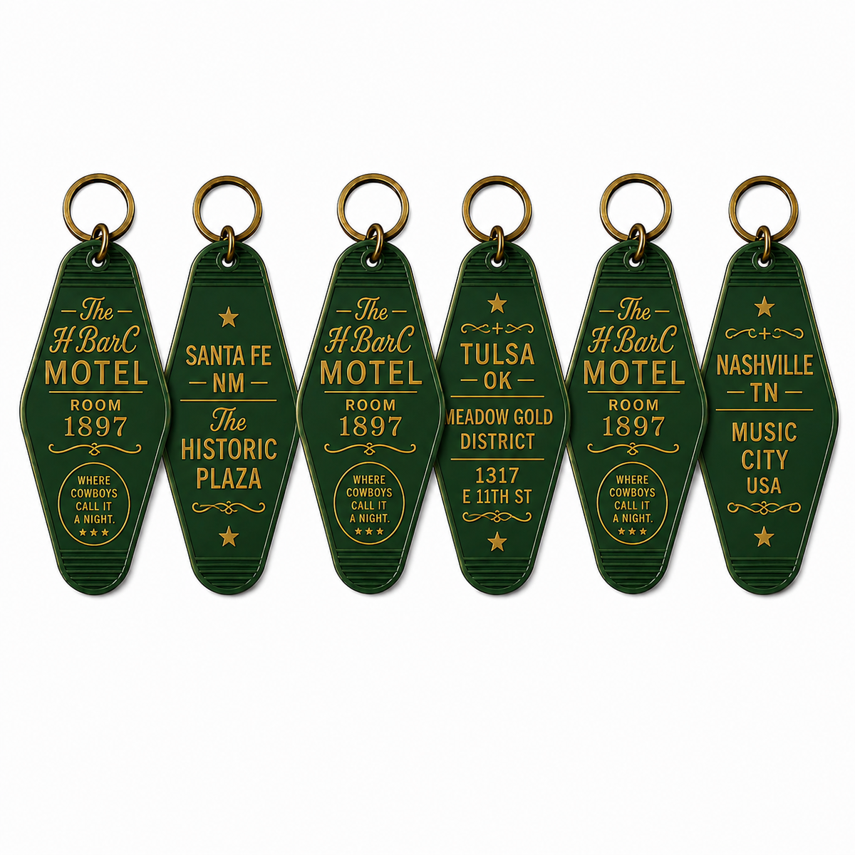 Set of five green Vintage H Bar C Motel keychains, 1970s style motel key fobs for Nashville, Tulsa, and Santa Fe.