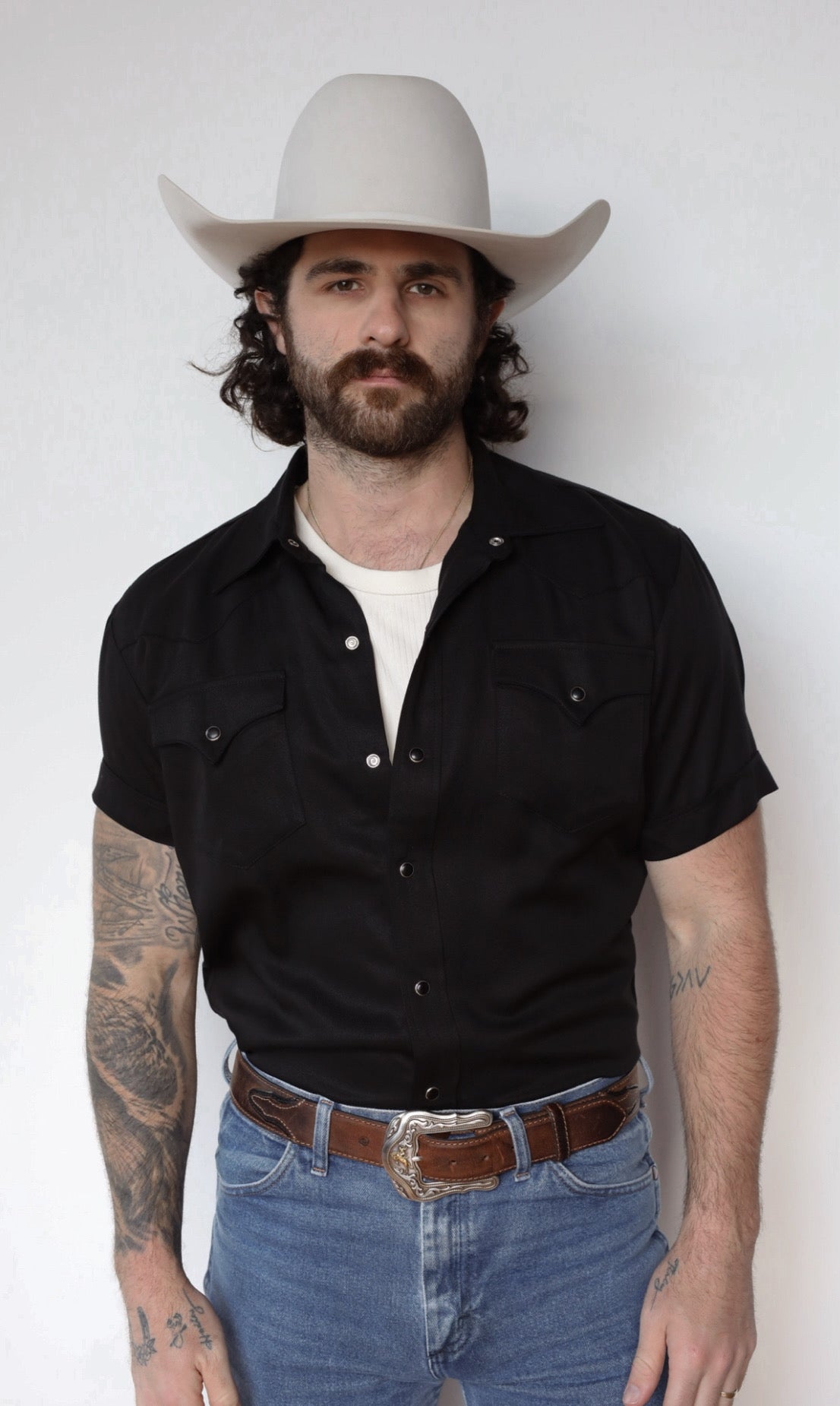 Front view of the H Bar C Newport men's black short sleeve western shirt, the summer version of the Denver.