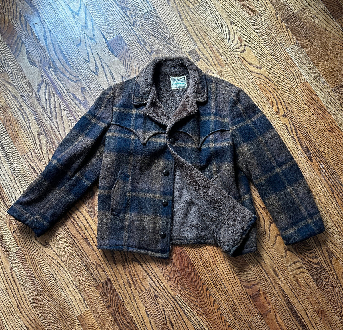 1950/60's BROWN PLAID SHERPA LINED RANCH COAT - MEDIUM