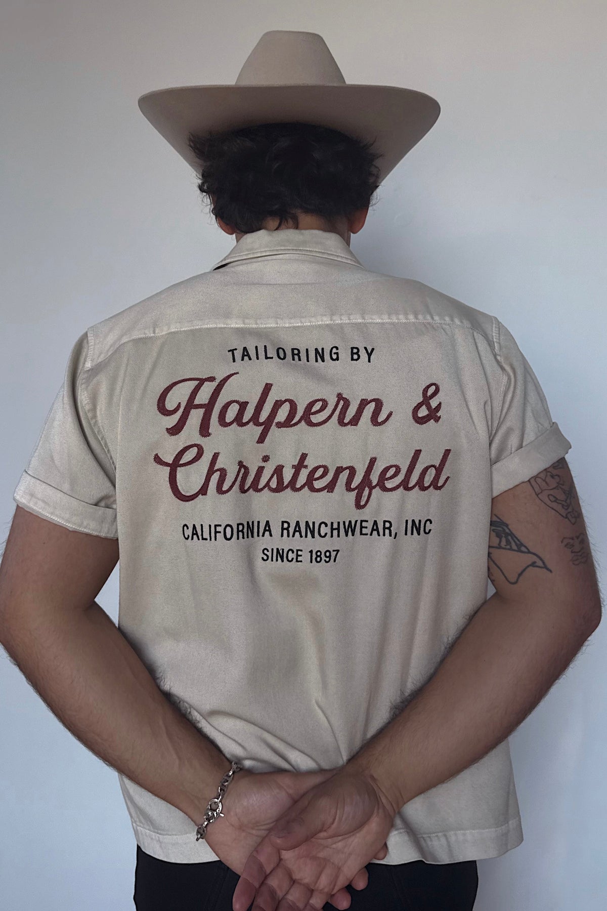 Back of the H Bar C Halpern & Christenfeld bowling shirt printed Tailoring by Halpern & Christenfeld, California Ranchwear, since 1897.
