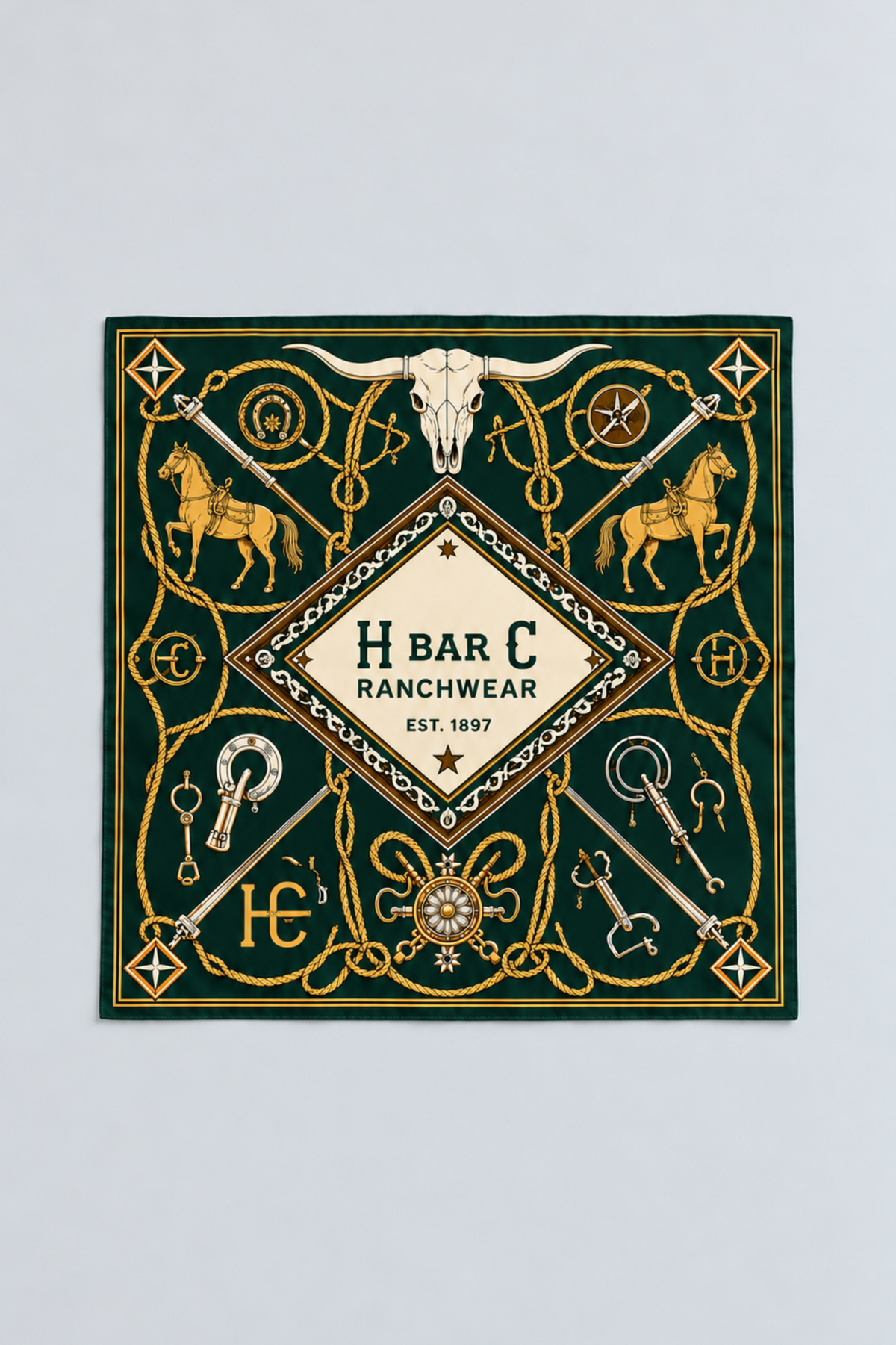 H Bar C Green silk scarf laid flat, a hunter green western print with longhorn skull, horses, spurs, bits, gold rope, and an H Bar C Ranchwear Est. 1897 center.