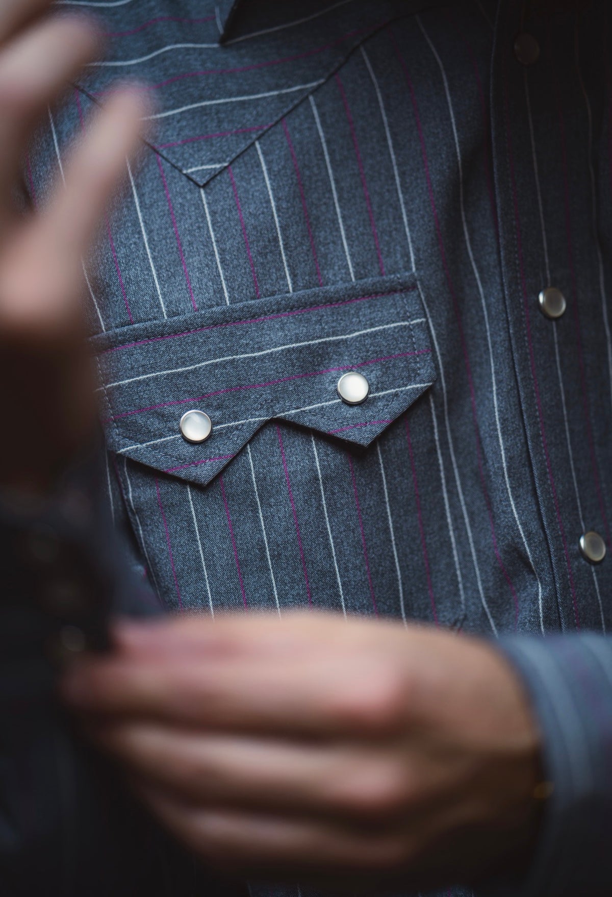 Pocket and snap detail of the H Bar C Tiger striped western shirt.