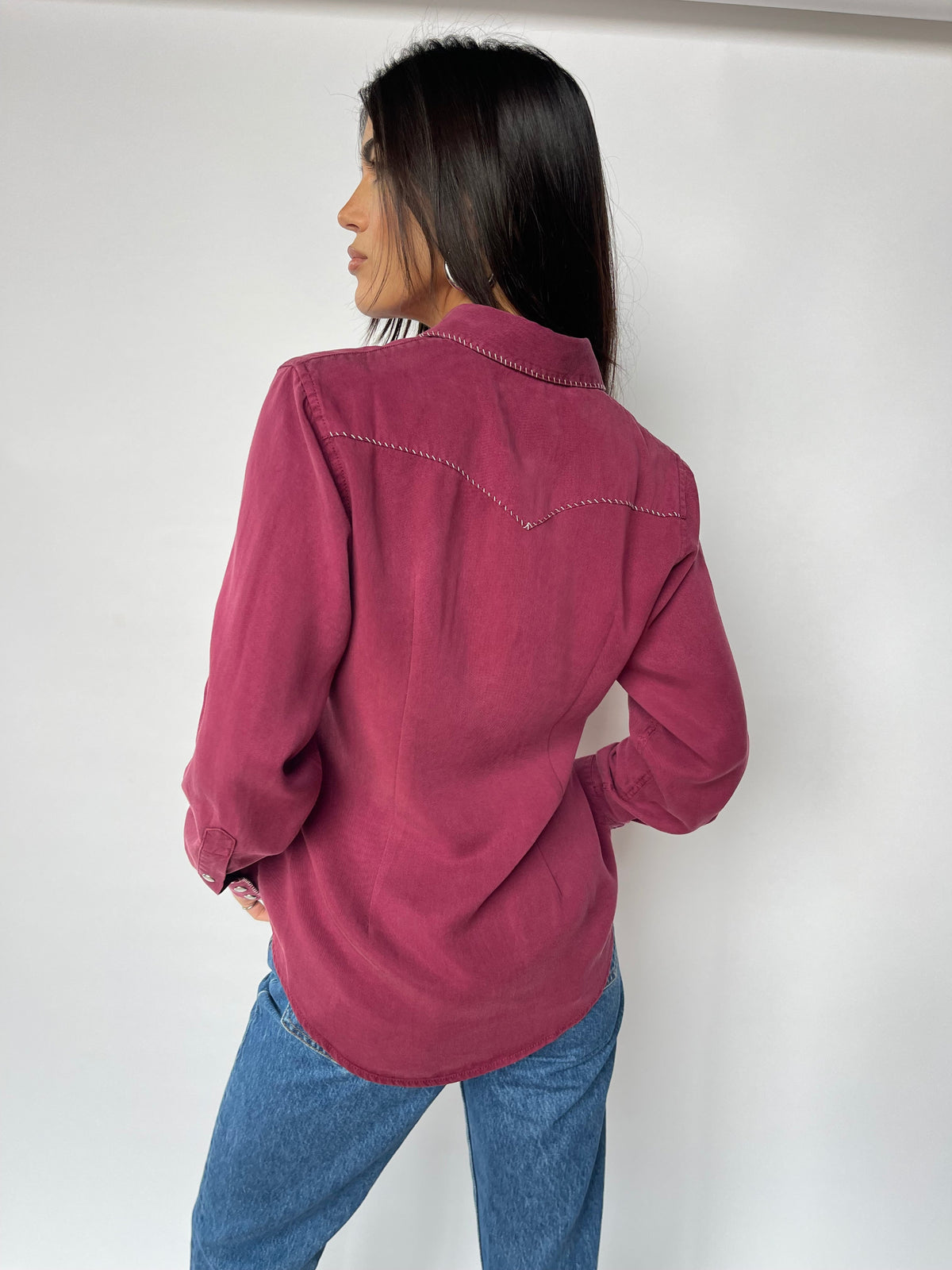 Back view of the H Bar C Brooklyn wine women's shirt with stitched one point back yoke.