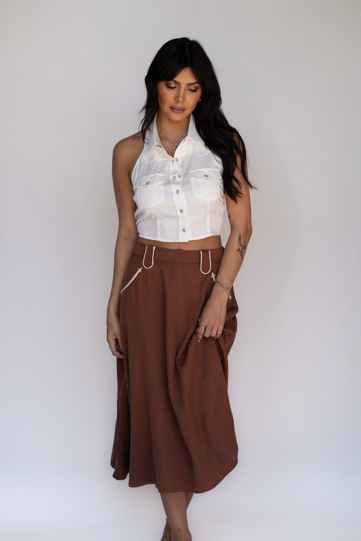 Full length view of the H Bar C Santa Fe chocolate skirt, a 1940s dance floor silhouette.