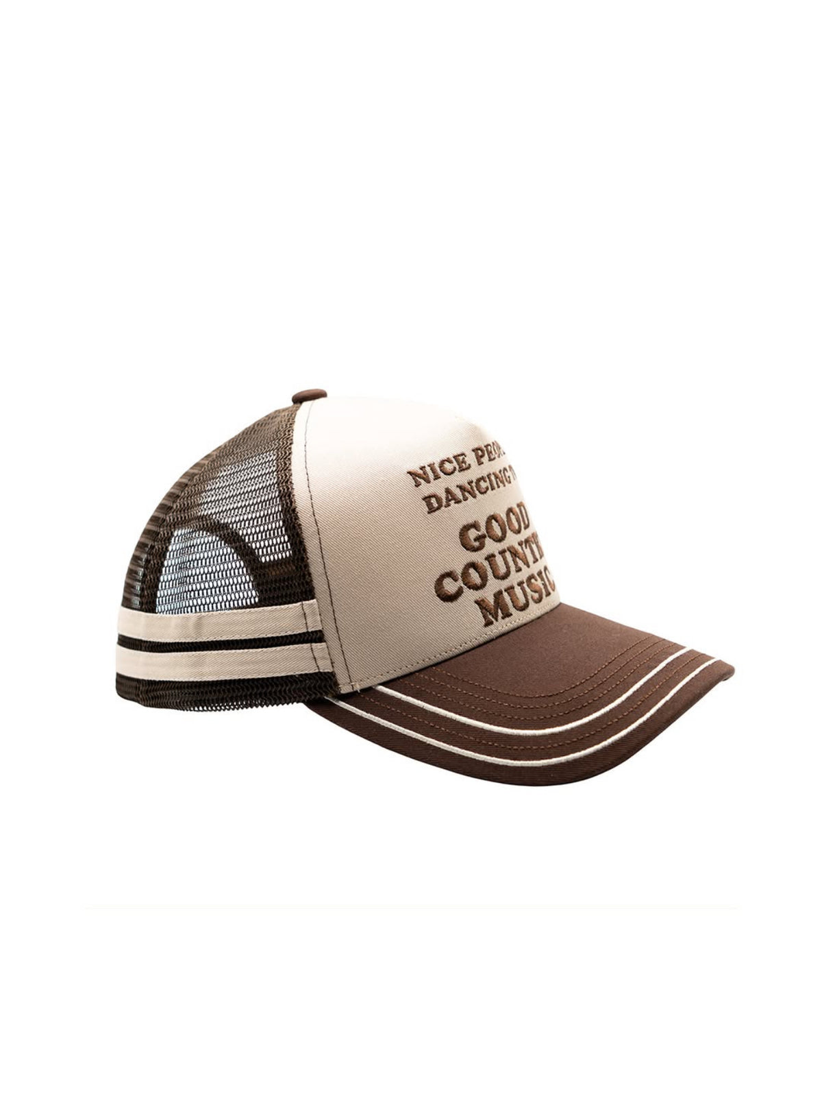 Side view of the H Bar C x Rustler Nice People trucker hat with brown mesh back and curved brim.