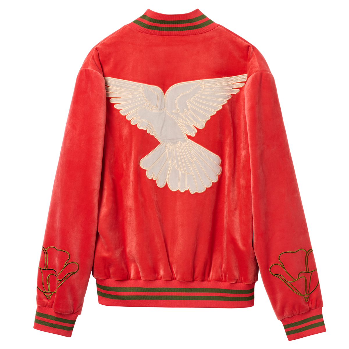 Flat lay back of the HBarC x Gibson Dove red tour jacket with a large embroidered white dove.