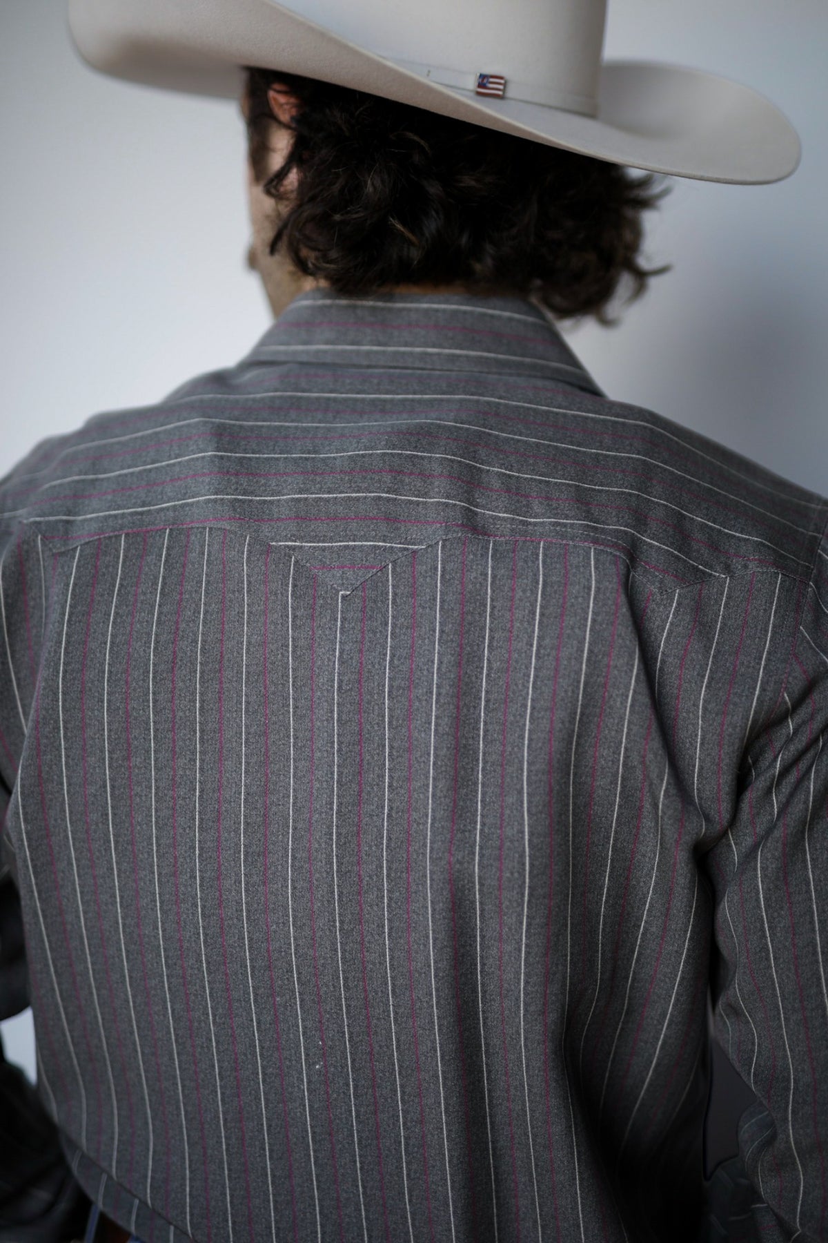 Back view of the H Bar C Tiger striped western shirt with pointed back yoke.