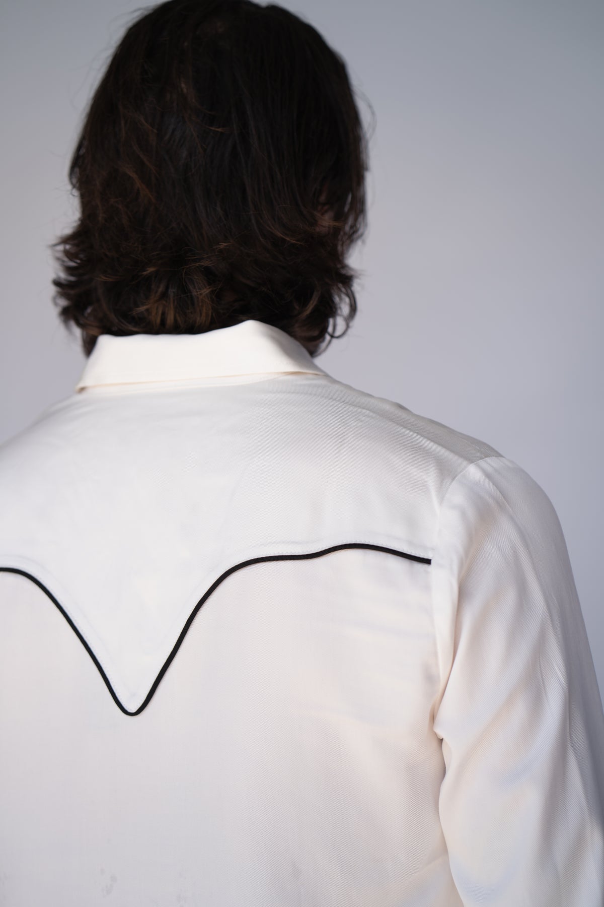 Back yoke close-up of the H Bar C San Fernando white shirt with black piping.