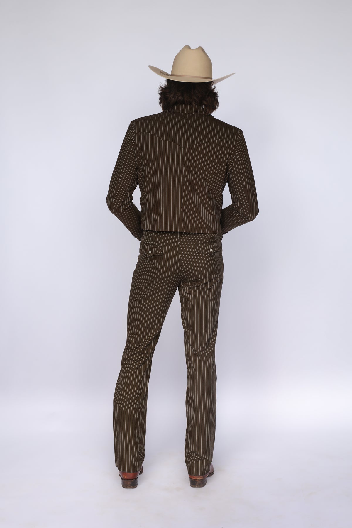 Full back view of the H Bar C Bakersfield brown pin stripe suit, jacket and matching western pants.