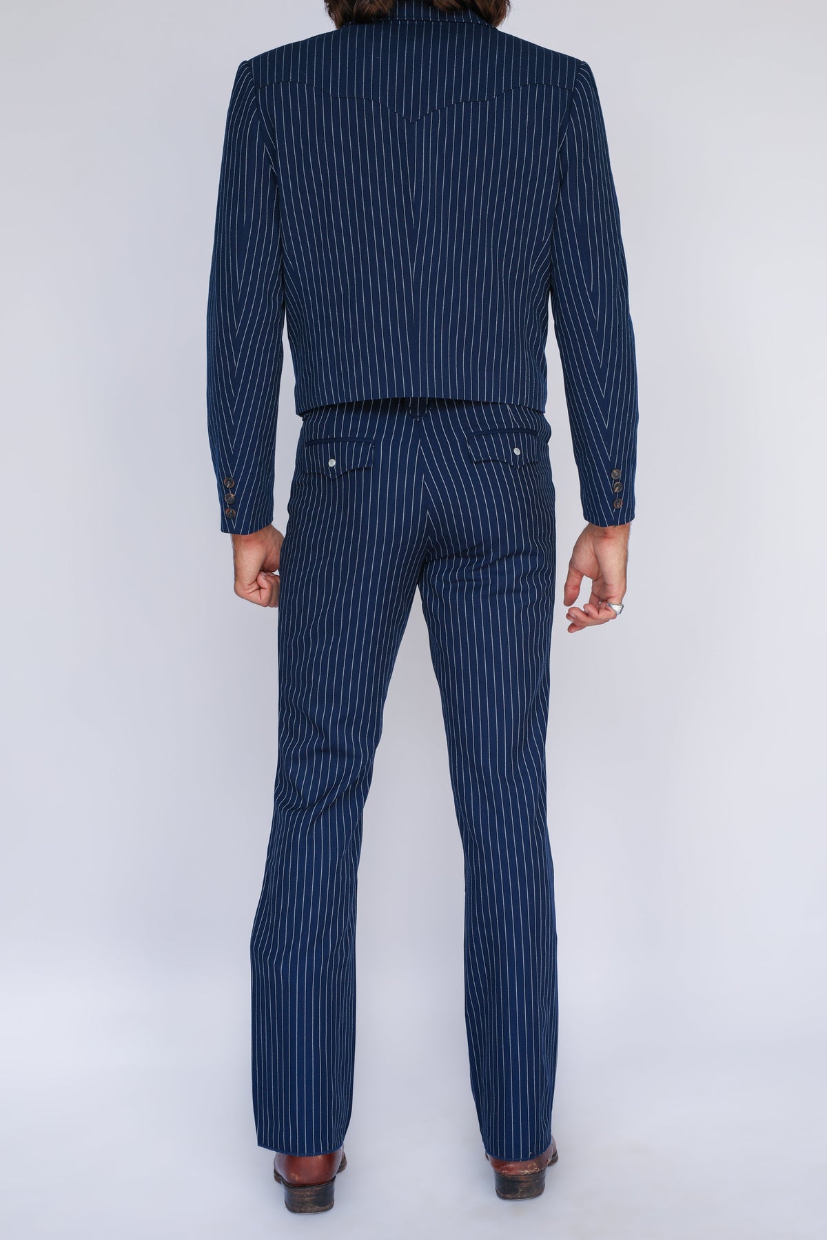Full back view of the H Bar C Bakersfield navy pinstripe jacket and matching western pants.