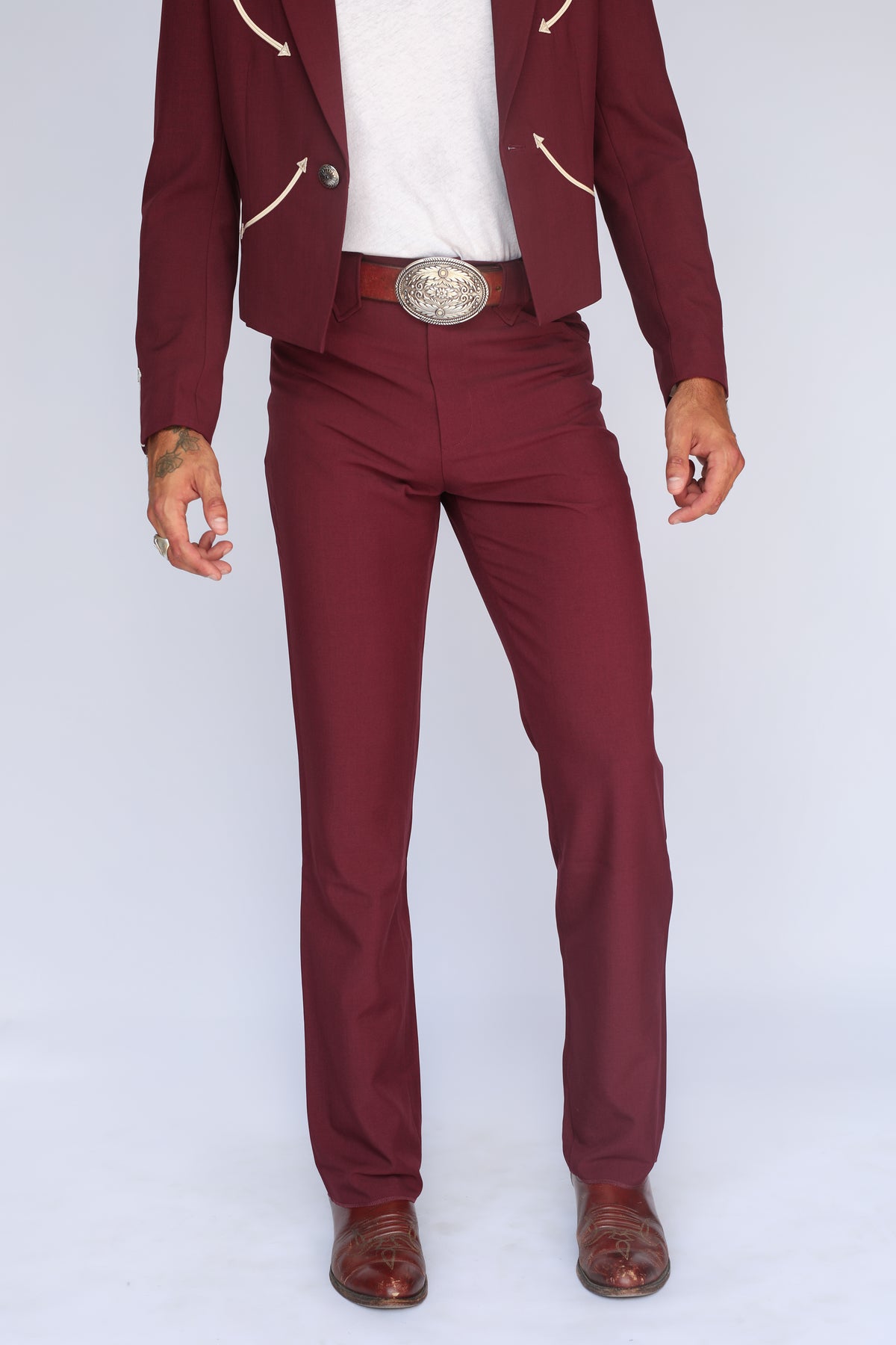 H Bar C Calamity maroon pants worn with the matching Calamity maroon jacket as a western suit.