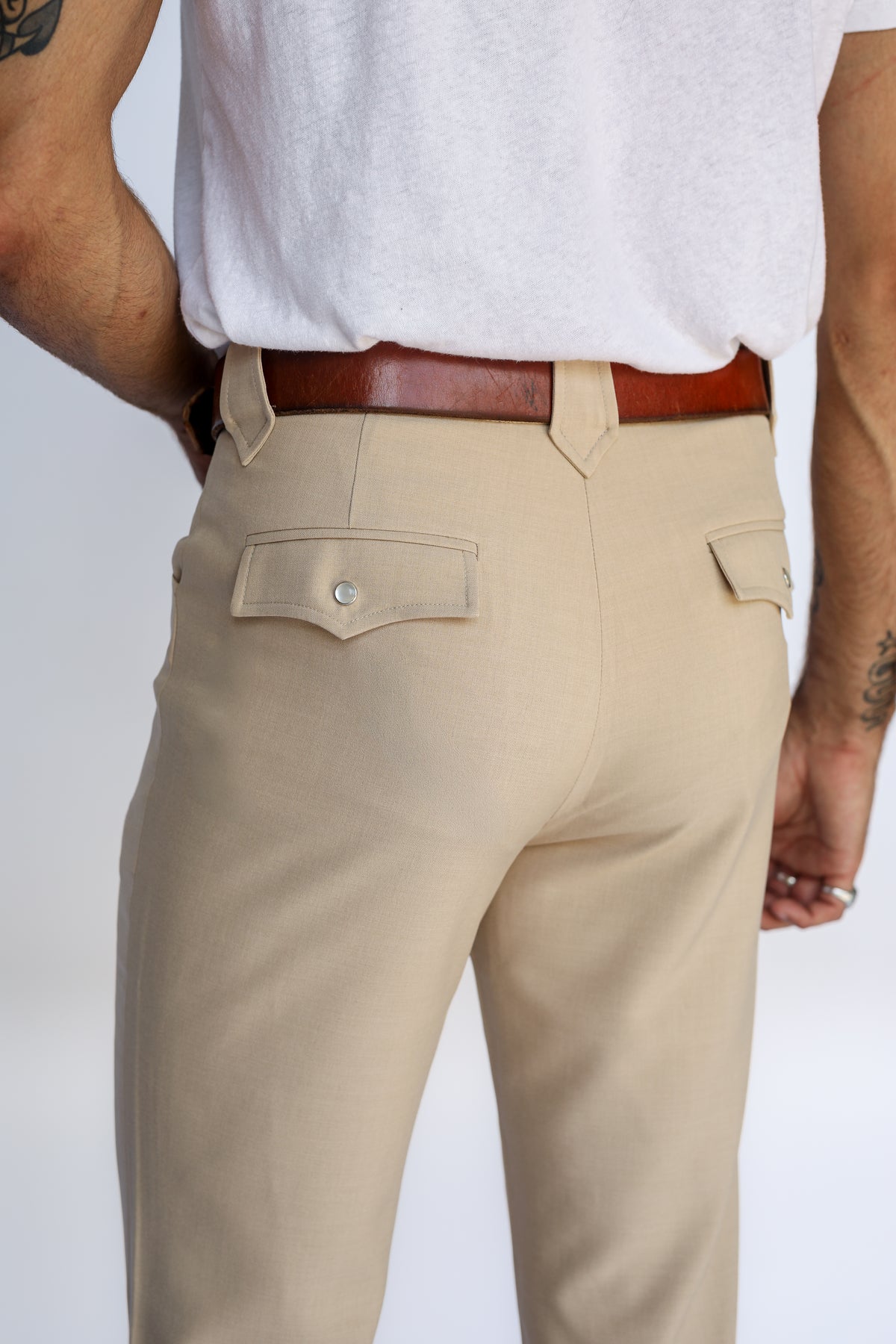 Back pocket detail of the H Bar C Calamity tan stretch western dress pants.