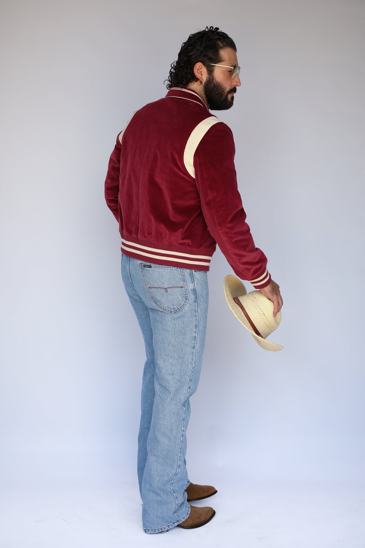 Side view of the H Bar C Silver Lake maroon corduroy western jacket, a 1950s inspired design.